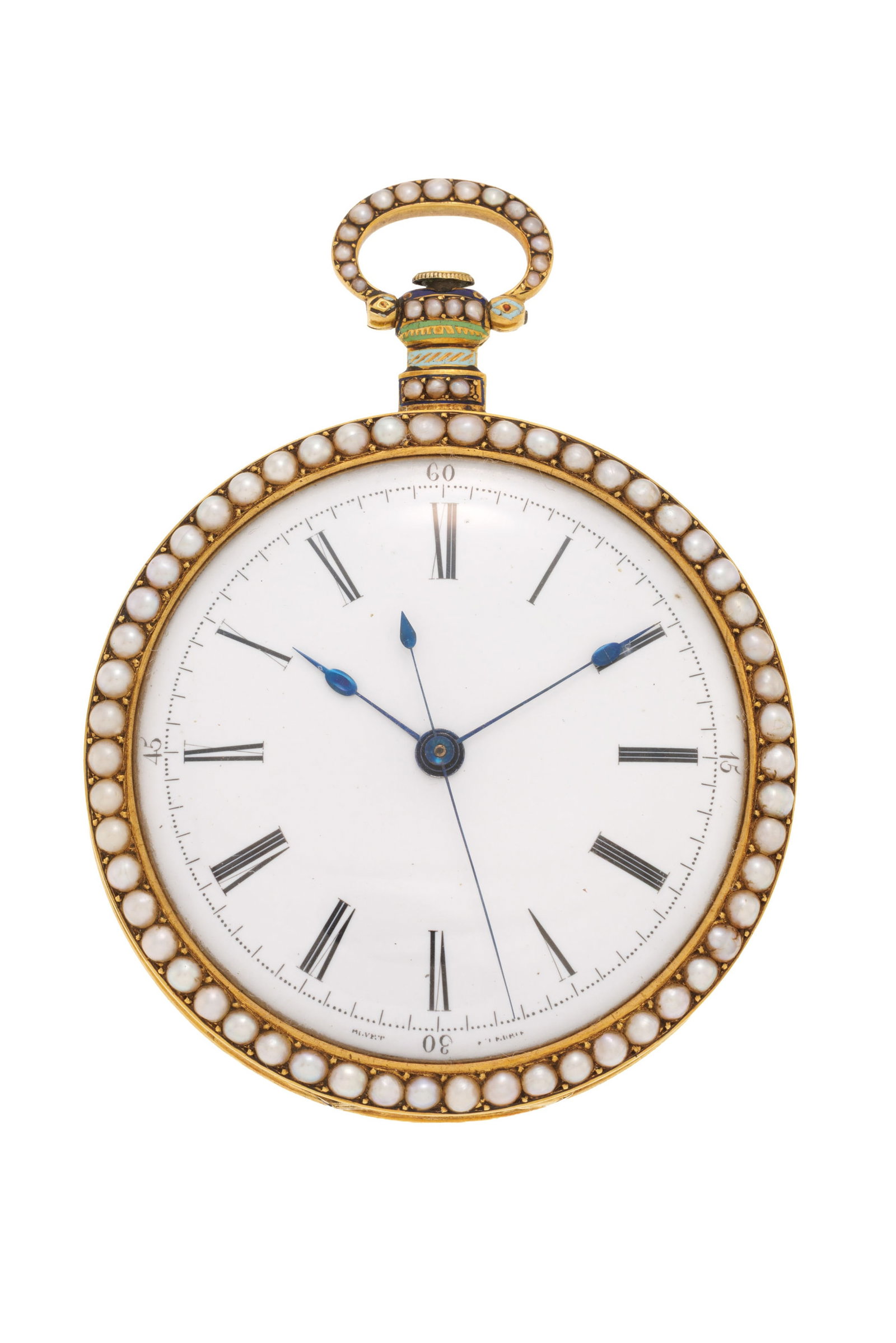 Bovet, montre de poche en laiton et émail polychrome avec secondes au centre à décor  (1 of 4)
