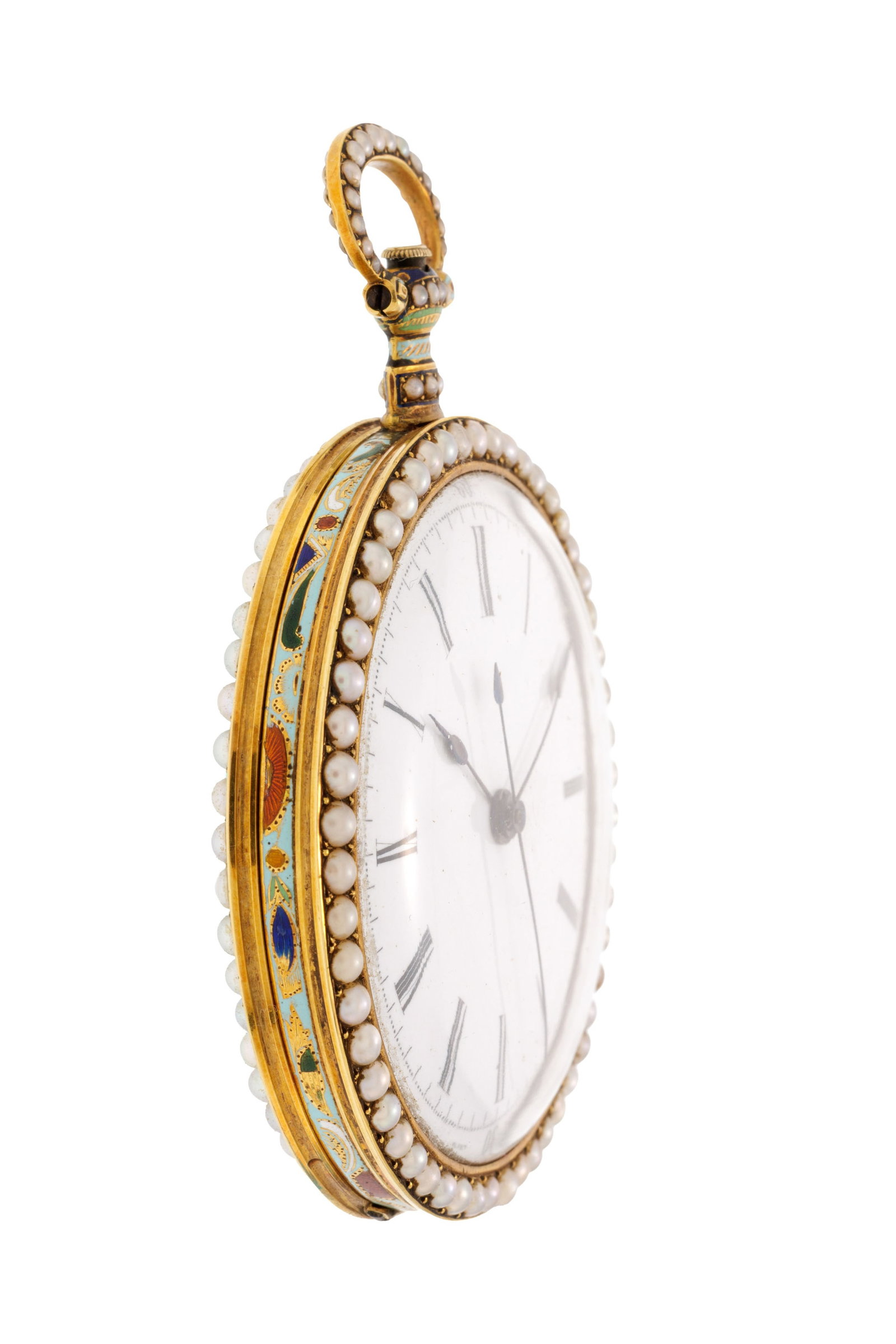 Bovet, montre de poche en laiton et émail polychrome avec secondes au centre à décor  - 2