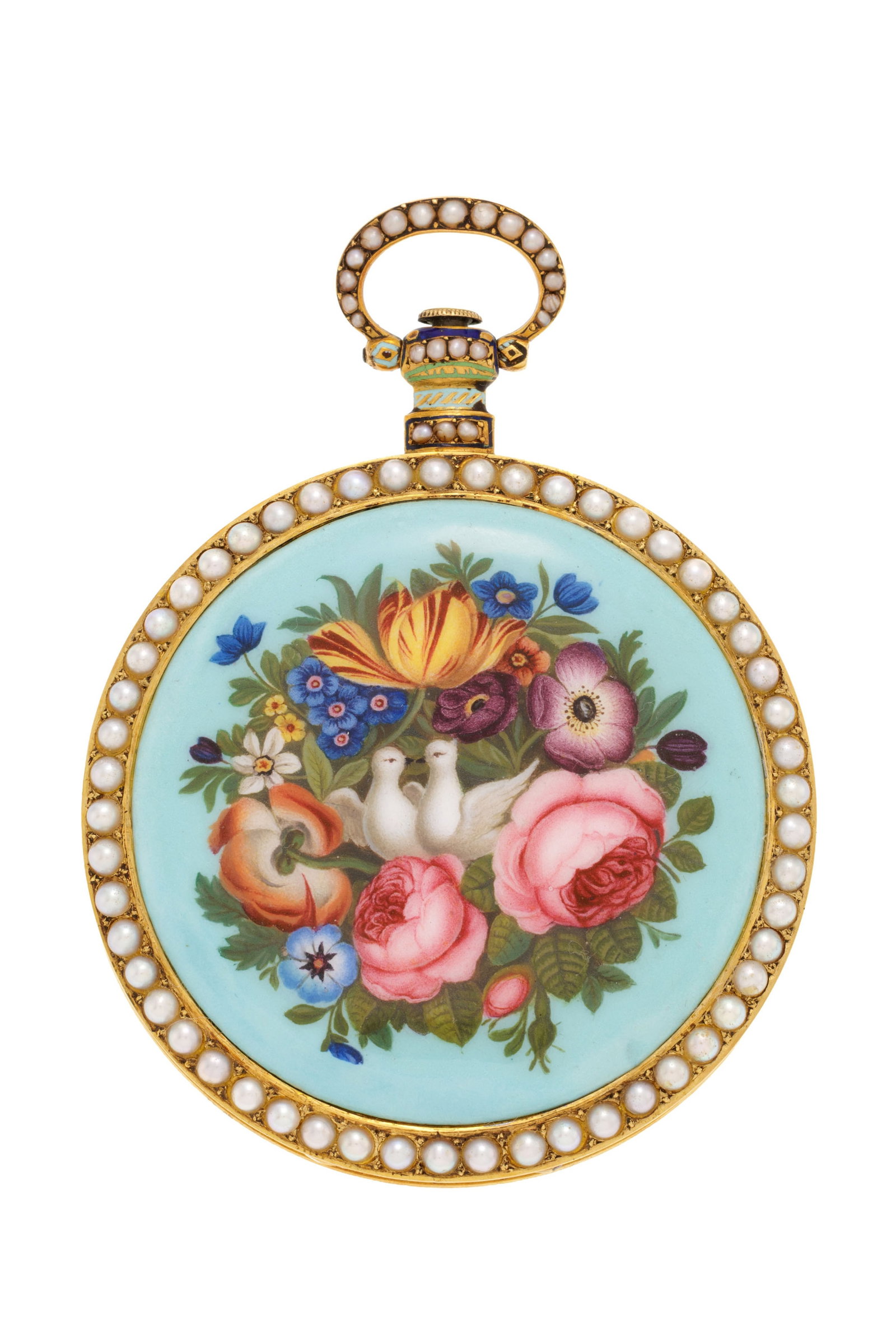 Bovet, montre de poche en laiton et émail polychrome avec secondes au centre à décor  - 3