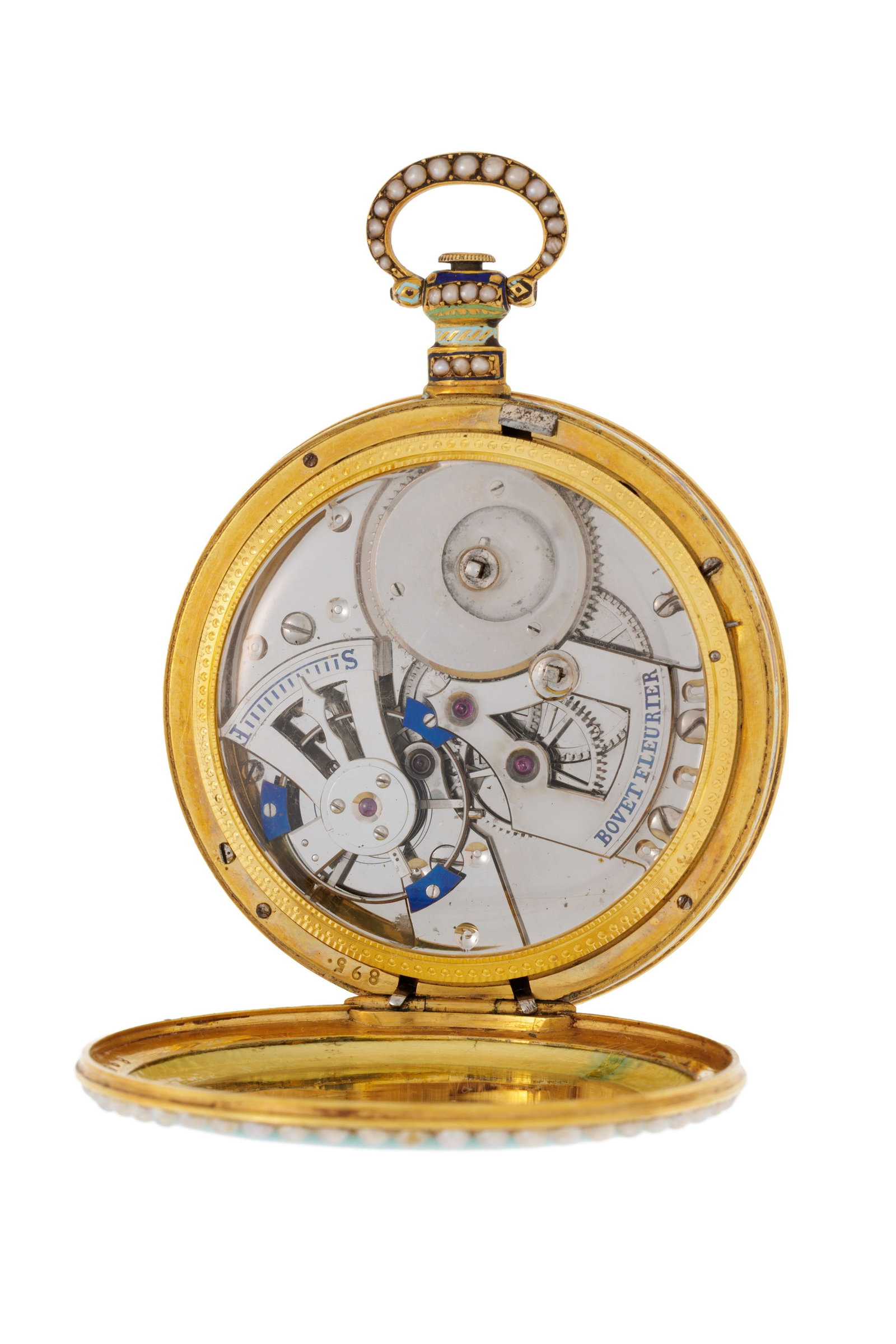Bovet, montre de poche en laiton et émail polychrome avec secondes au centre à décor  - 4