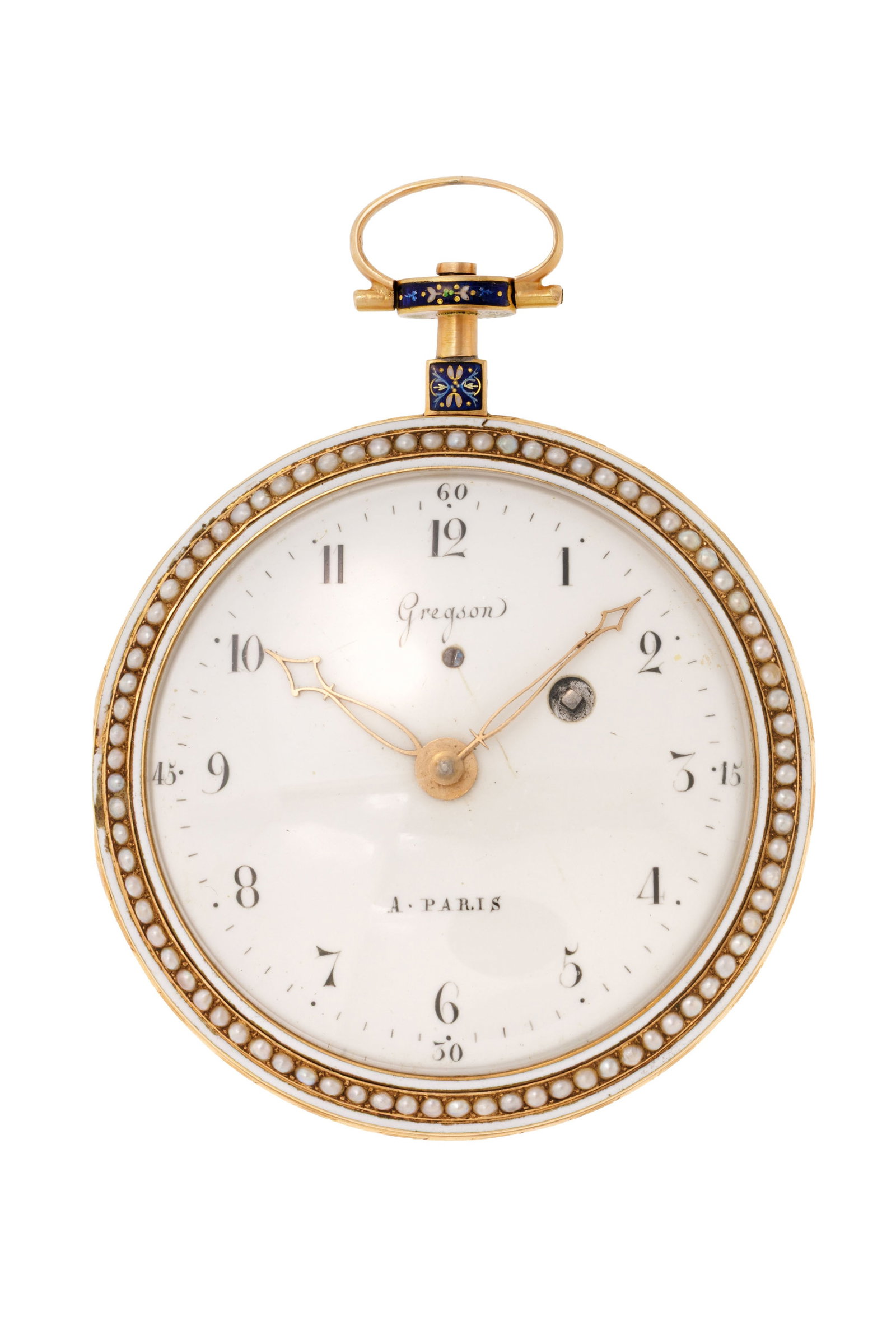 Gregson à Paris, montre de poche à coq en or ornée de demi perles et d'une scène: Gregson à Paris, montre de poche à coq en or ornée de demi perles et d'une scène galante émaillée rehaussée de l'inscription "Souvenir d'amitié" en argent