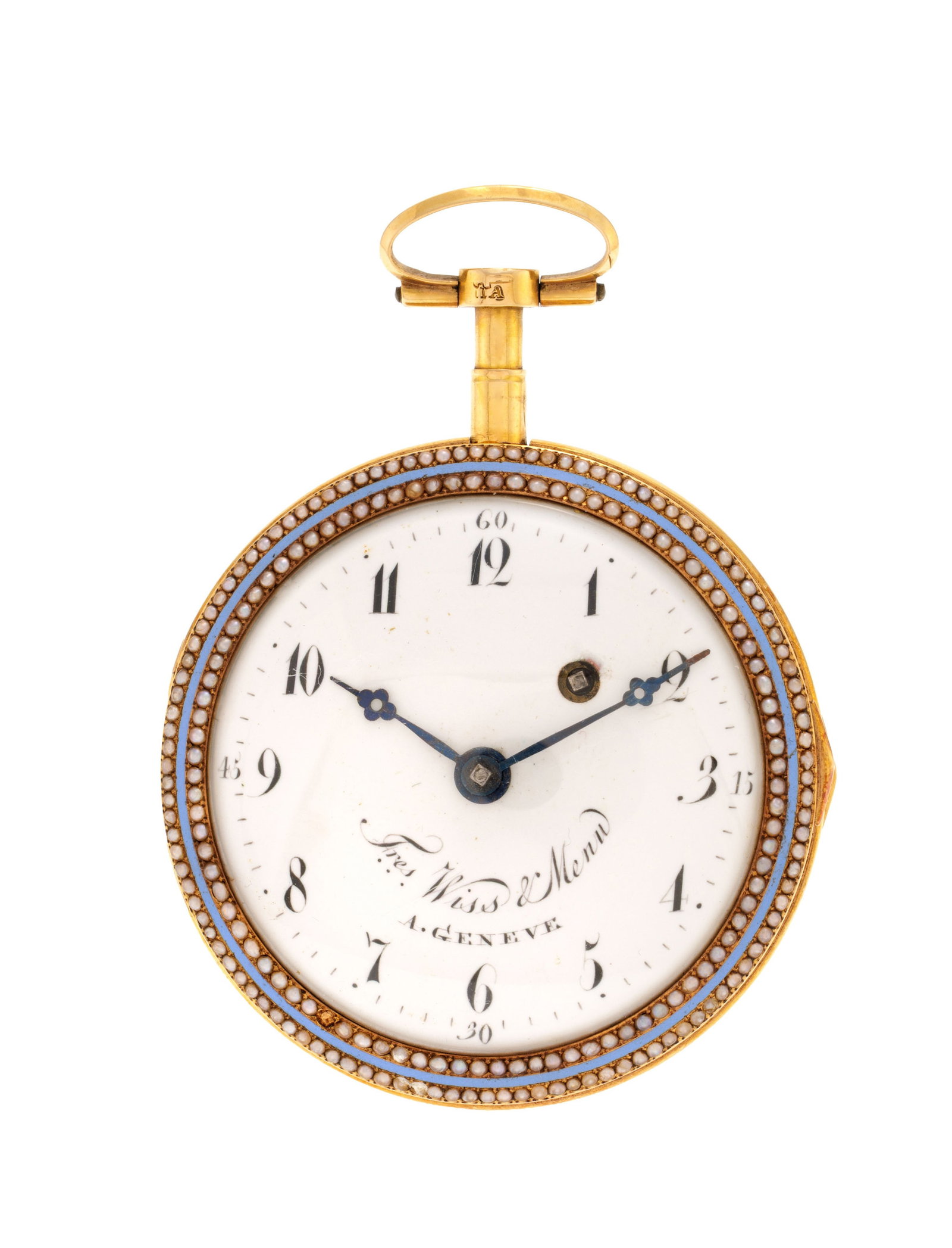 Fres. Wyss & Menn à Genève, montre de poche à coq en or 750 ornée de demi perles: Fres. Wyss & Menn à Genève, montre de poche à coq en or 750 ornée de demi perles, le dos émaillé figurant une scène galante, XIXe s. Mouvement: mécanique,