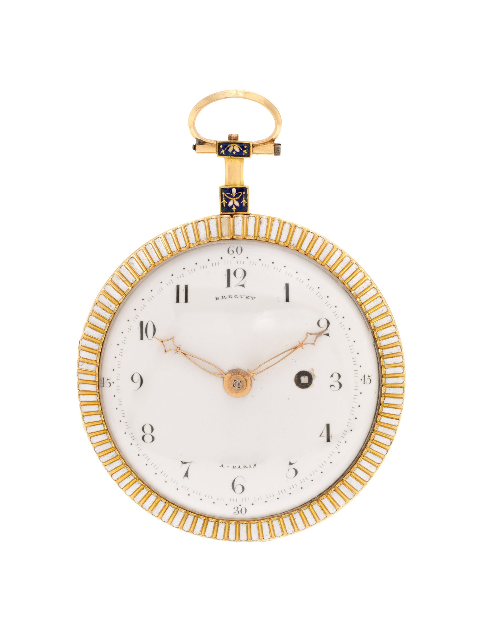 Montre de poche à coq en or 750 et émail polychrome ornée d'une scène repré: Montre de poche à coq en or 750 et émail polychrome ornée d'une scène représentant deux élégantes dans un décor champestre, XIXe s. Mouvement: mécanique Bo