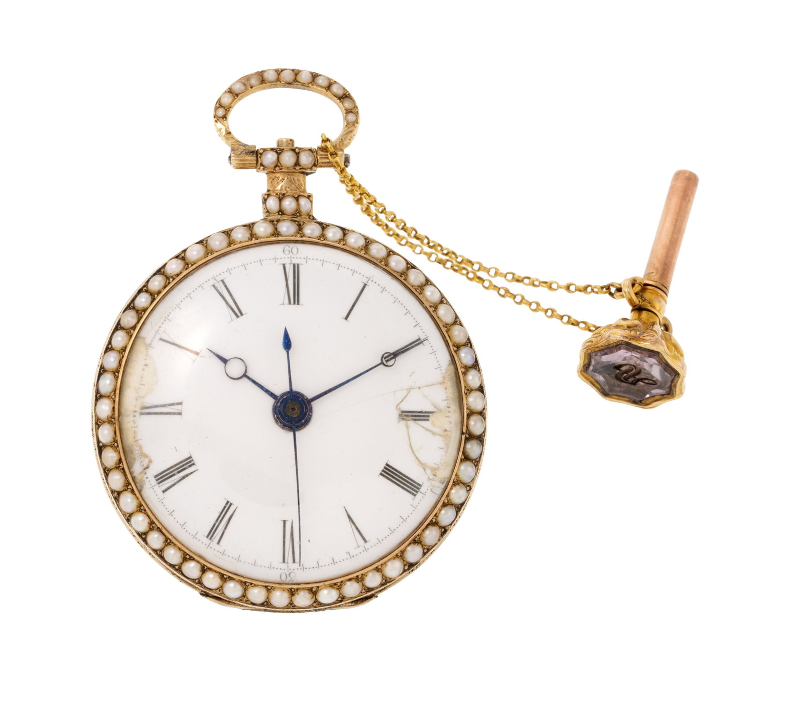 Montre de poche en laiton et émail polychrome avec secondes au centre à décor floral : Montre de poche en laiton et émail polychrome avec secondes au centre à décor floral rehaussé de demi perles, XIXe s. avec un mouvement moderne Mouvement: mécanique