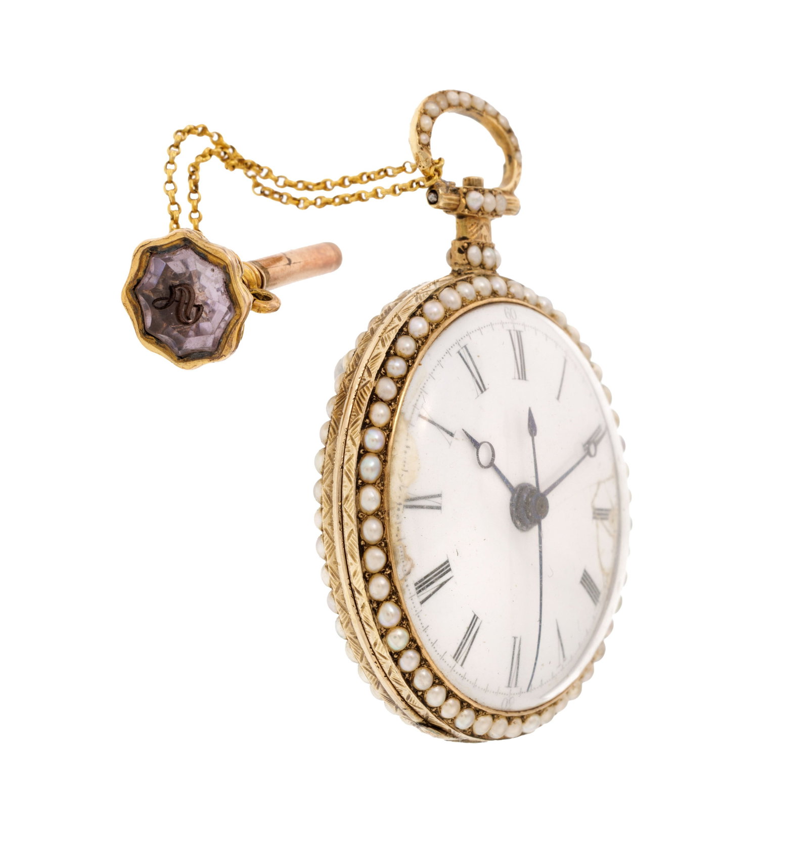 Montre de poche en laiton et émail polychrome avec secondes au centre à décor floral  - 2