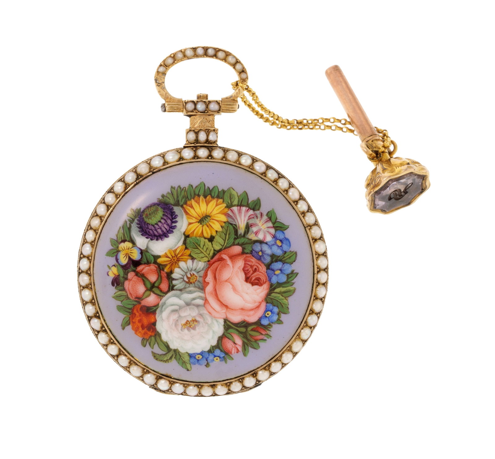 Montre de poche en laiton et émail polychrome avec secondes au centre à décor floral  - 3