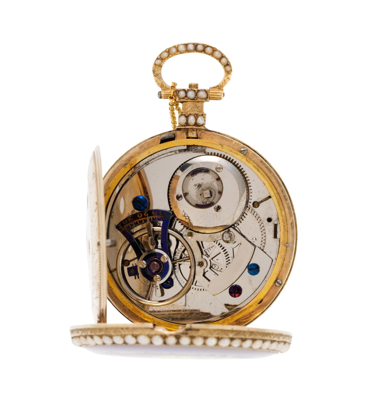 Montre de poche en laiton et émail polychrome avec secondes au centre à décor floral  - 4