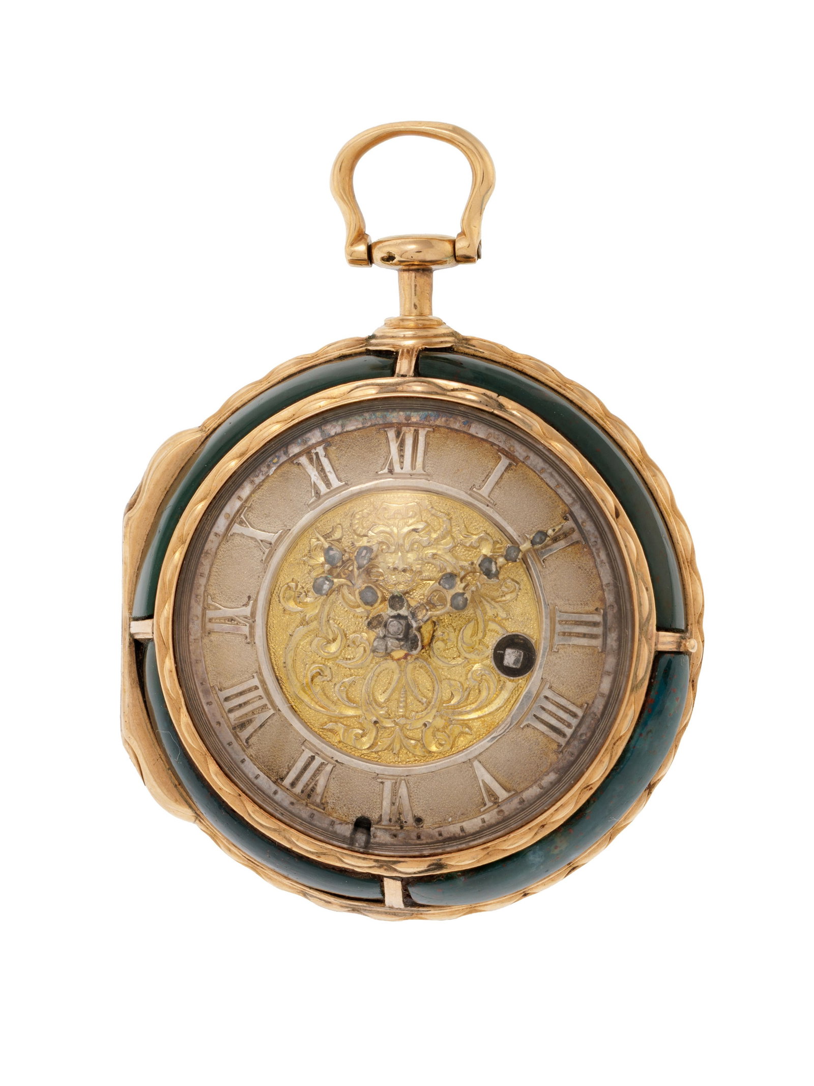Montre de poche à coq en or et jaspe sanguin avec les aiguilles serties de diamants, XVIIIe s. : Montre de poche à coq en or et jaspe sanguin avec les aiguilles serties de diamants, XVIIIe s. Mouvement: mécanique Boîtier: diam. 38 mm Signature "Mayer à Brüm?": mouvement