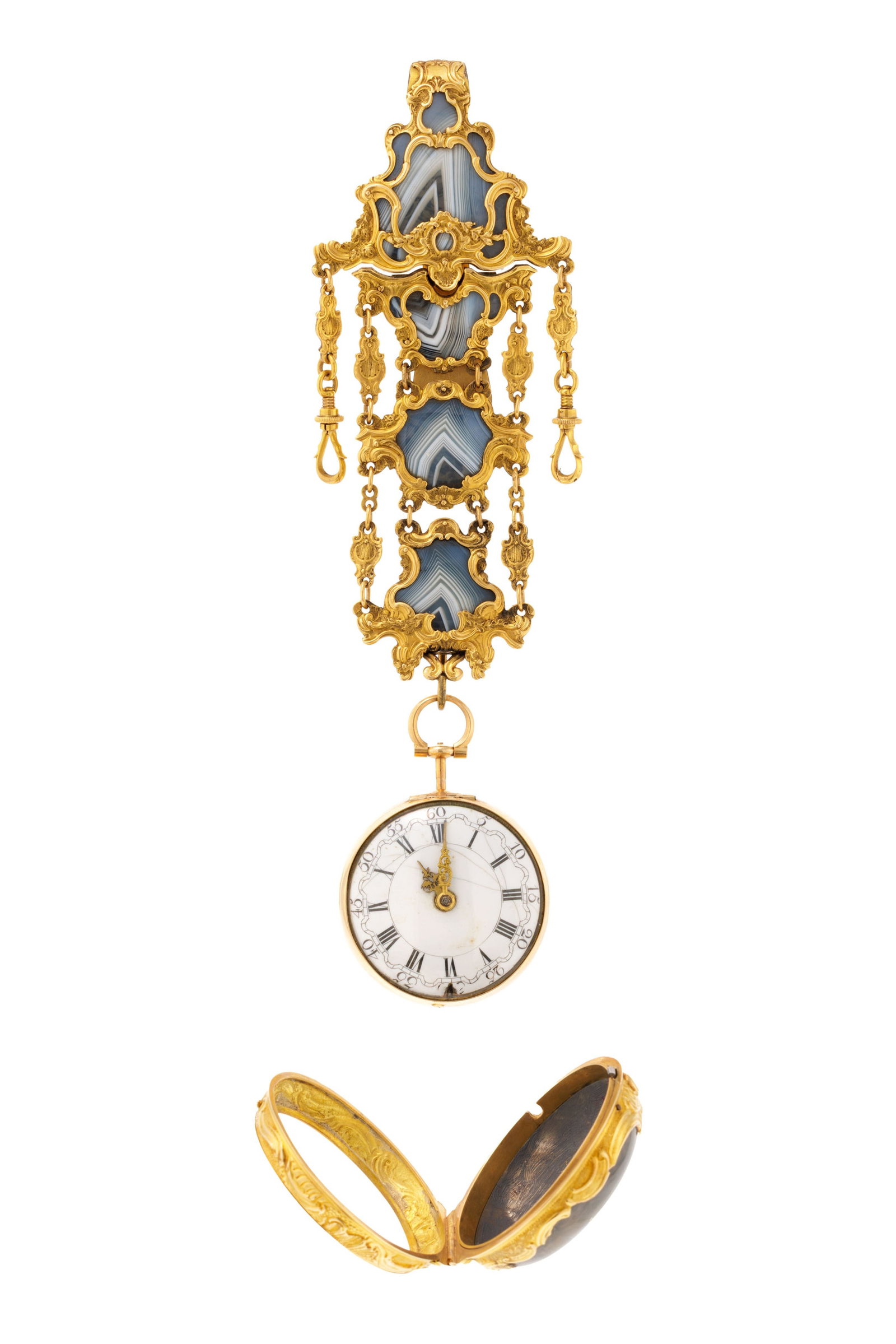 Bourdillat London, montre de poche à coq en or avec boîtier de protection et châtelai: Bourdillat London, montre de poche à coq en or avec boîtier de protection et châtelaine en laiton ornés d'agate, XVIIIe s. Mouvement: mécanique Boîtier: diam. 41 mm Bo