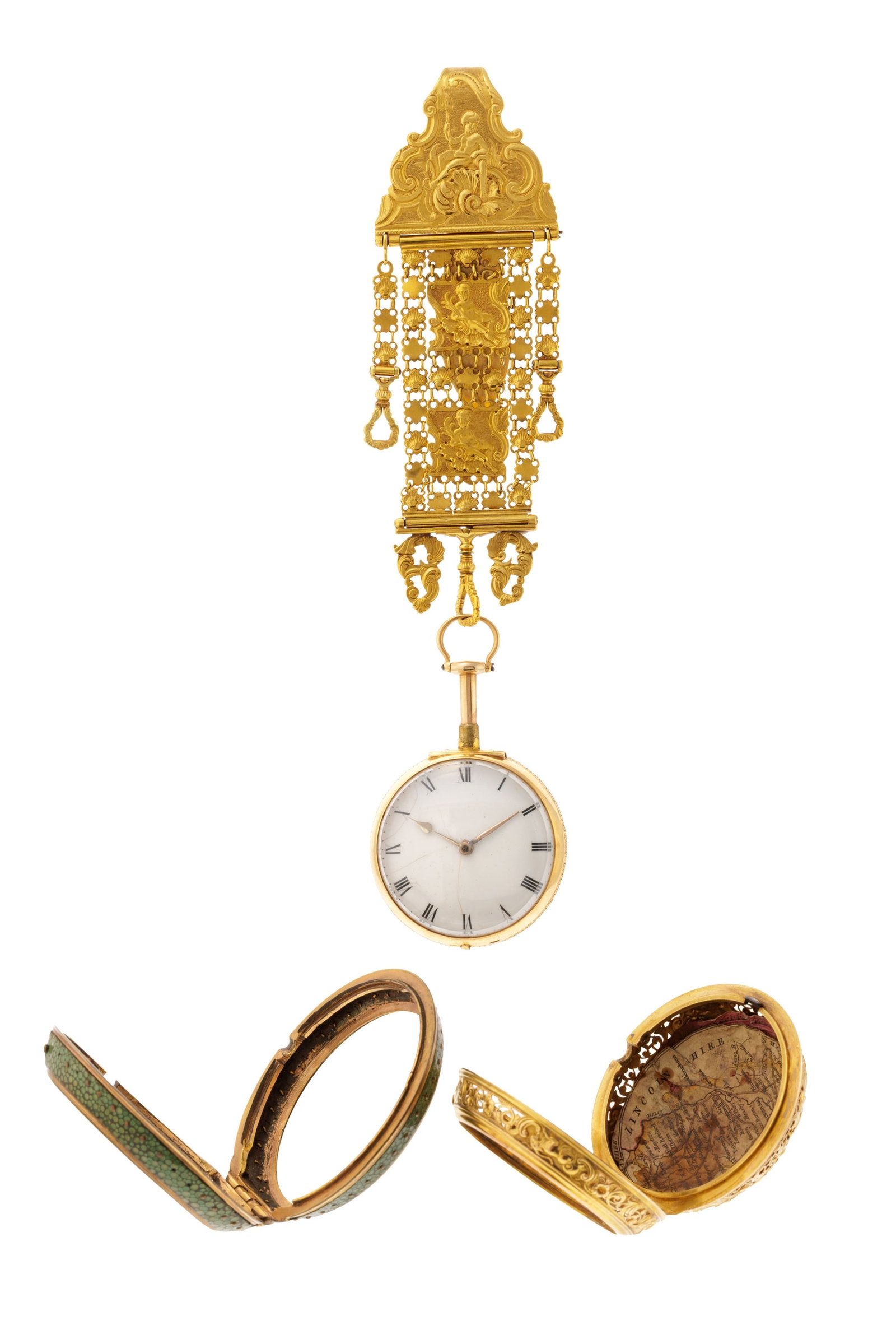 Benjamin Gray London, montre de poche à coq en laiton ajouré à répétition a: Benjamin Gray London, montre de poche à coq en laiton ajouré à répétition avec 2 boîtiers de protection en laiton et galuchat rehaussée d'une châtelaine à