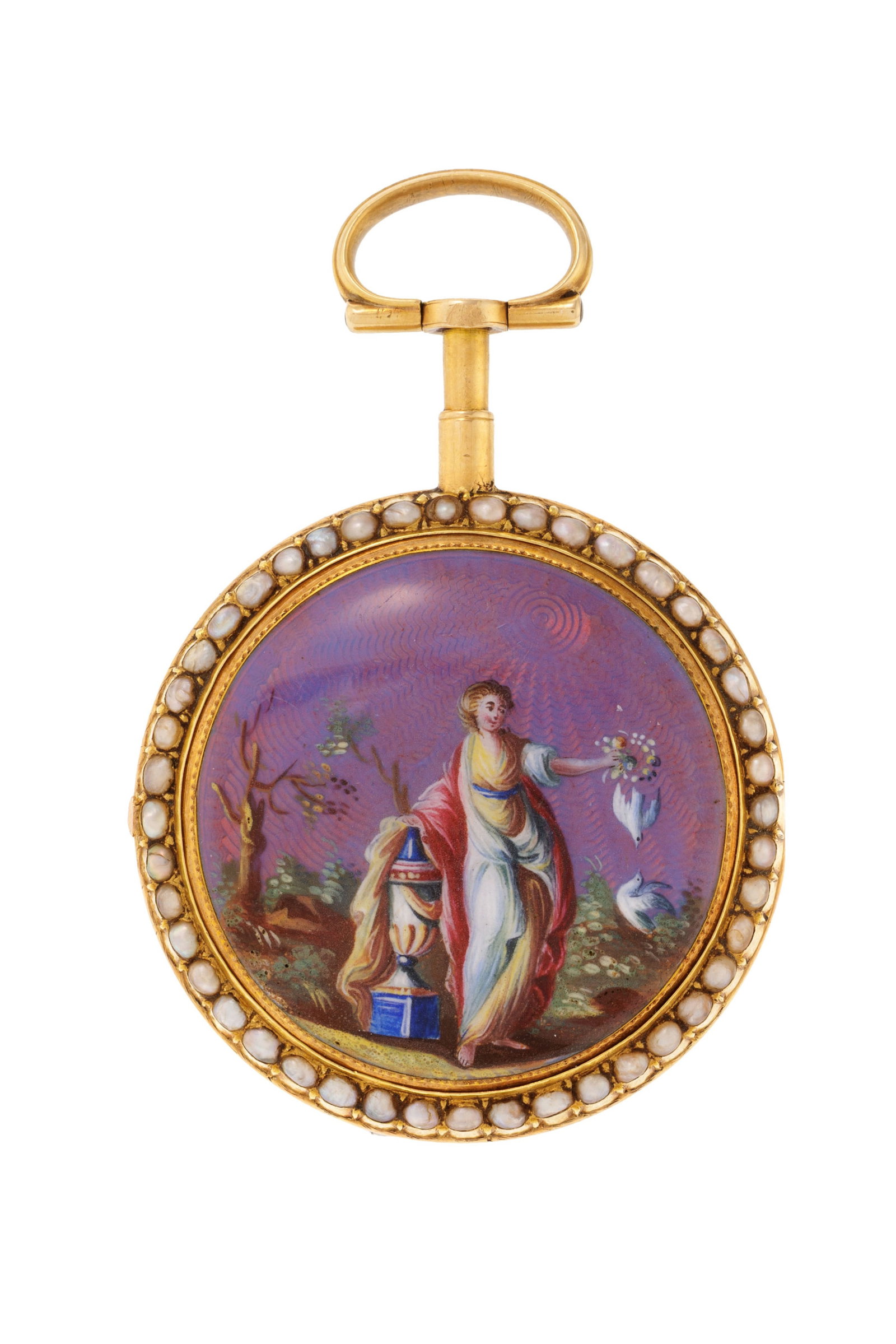Montre de poche à coq en or 750 et émail décoré d'une élégante et de d - 3