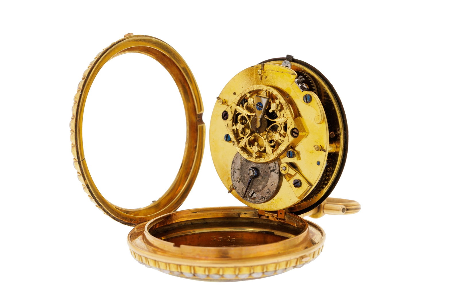 Montre de poche à coq en or 750 et émail décoré d'une élégante et de d - 4
