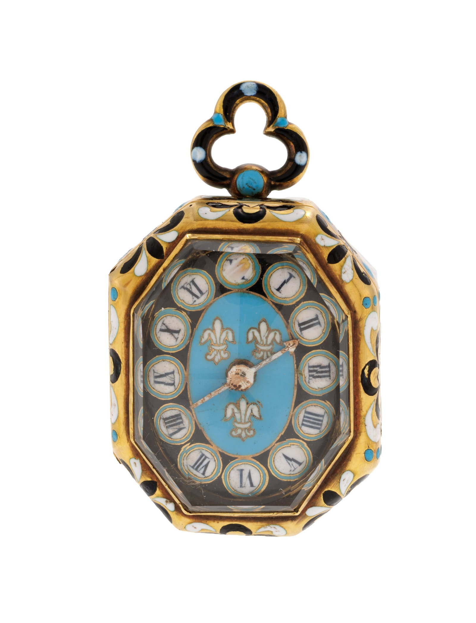 Nicolaus Rugedas, montre de poche à coq en laiton émaillée et cristal de roche, le ca: Nicolaus Rugedas, montre de poche à coq en laiton émaillée et cristal de roche, le cadran émaillé à décor de fleurs de lys, XVIIIe s. dans le goût du XVIe s. Mo