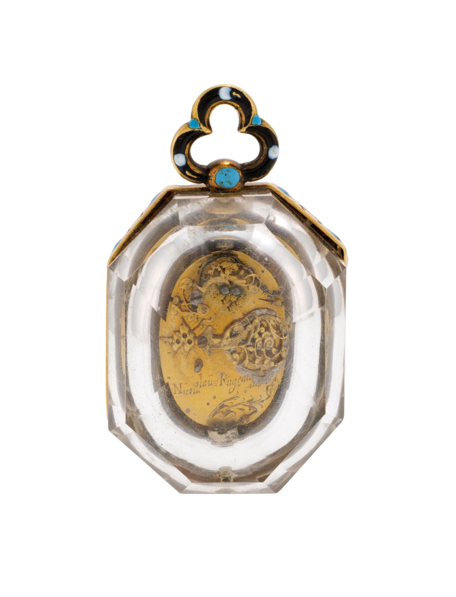 Nicolaus Rugedas, montre de poche à coq en laiton émaillée et cristal de roche, le ca - 3
