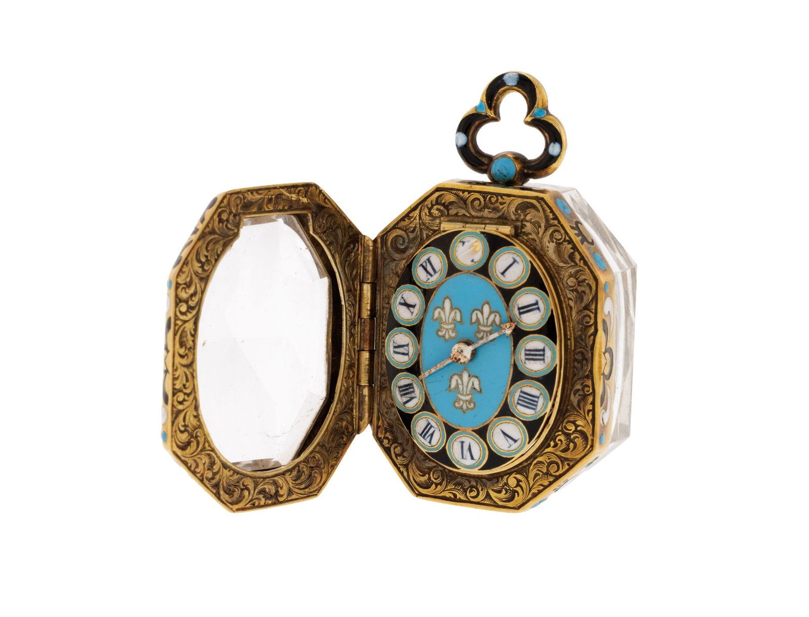 Nicolaus Rugedas, montre de poche à coq en laiton émaillée et cristal de roche, le ca - 4