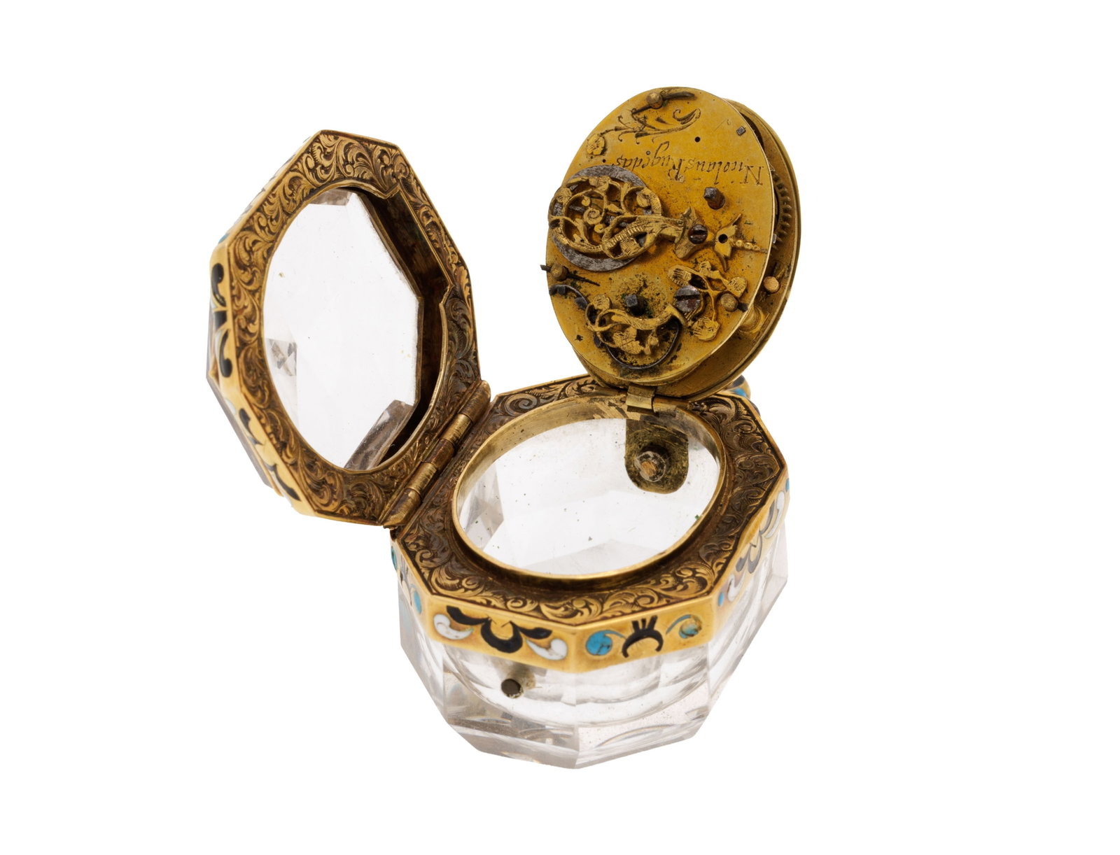 Nicolaus Rugedas, montre de poche à coq en laiton émaillée et cristal de roche, le ca - 5