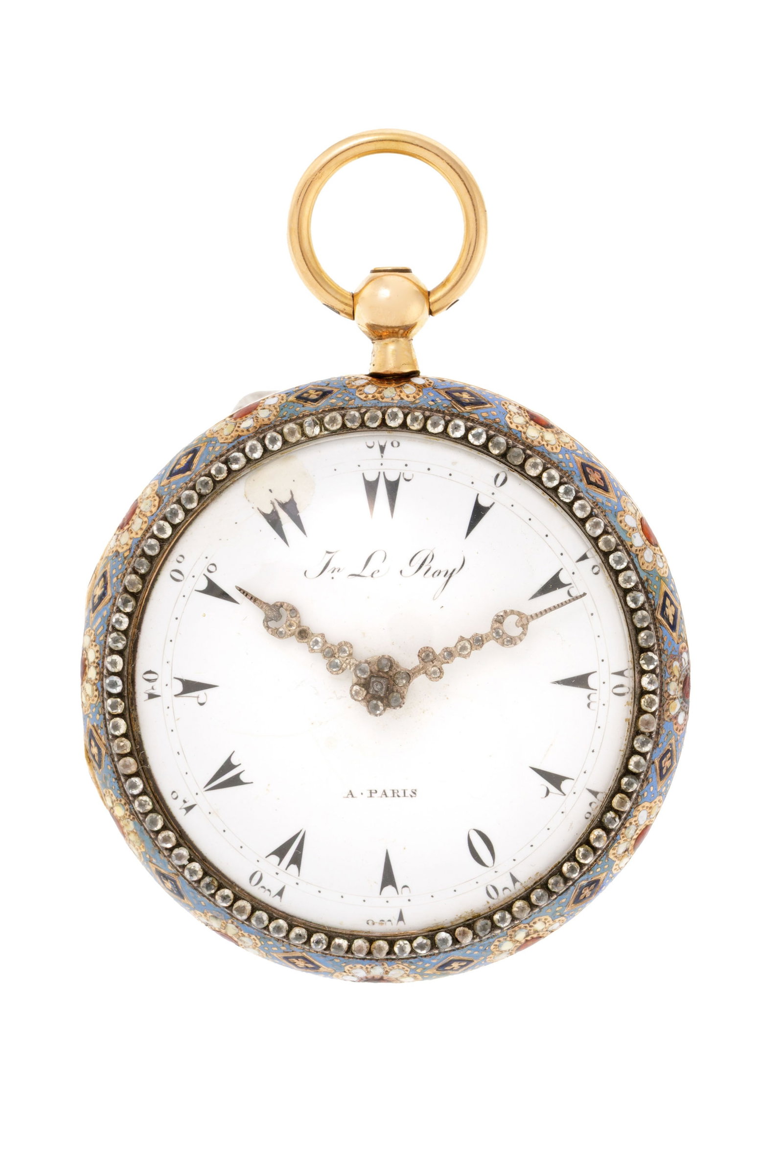 Julien Le Roy à Paris, montre de poche à coq pour le marché turc en or sertie de p: Julien Le Roy à Paris, montre de poche à coq pour le marché turc en or sertie de pâtes de verre à décor émaillé de motifs floraux et d’une scène lacu