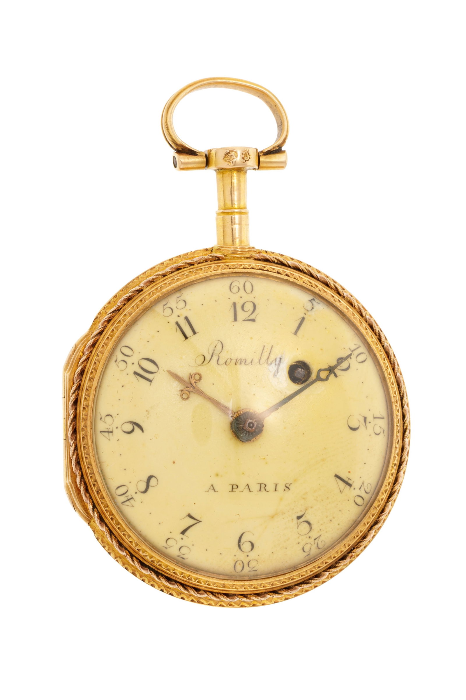 Romilly à Paris, montre de poche en or ornée d’une scène galante émaill: Romilly à Paris, montre de poche en or ornée d’une scène galante émaillée, fin XVIIIe s. Mouvement: mécanique Boîtier: diam. 40 mm Poids: 49g Condition Etat