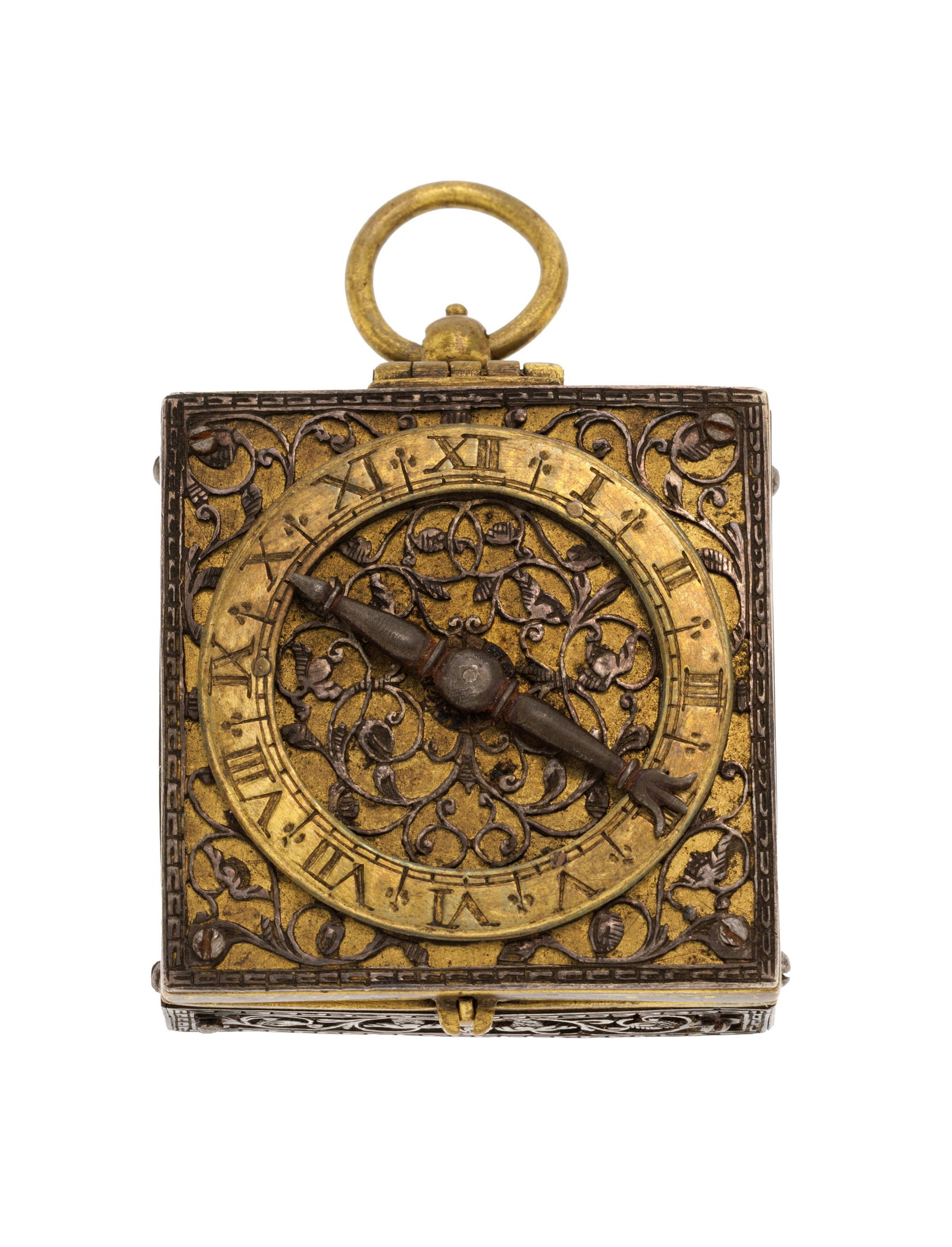 Johann Sigmund, montre de poche à coq carré en argent et laiton, XVIIIe dans le style du X: Johann Sigmund, montre de poche à coq carré en argent et laiton, XVIIIe dans le style du XVIIe s. Mouvement: mécanique Boîtier: larg. 39 mm Signature: mouvement Condition Etat