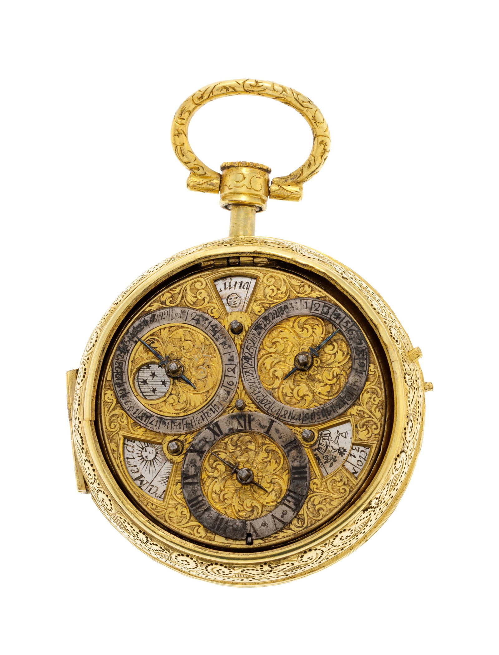 Montre de poche à coq astrologique et astronomique en laiton ajouré, XVIIIe s. Mouvement: Montre de poche à coq astrologique et astronomique en laiton ajouré, XVIIIe s. Mouvement: mécanique Boîtier: diam. 51 mm Boîtier de protection: diam. 59 mm Complications: phas