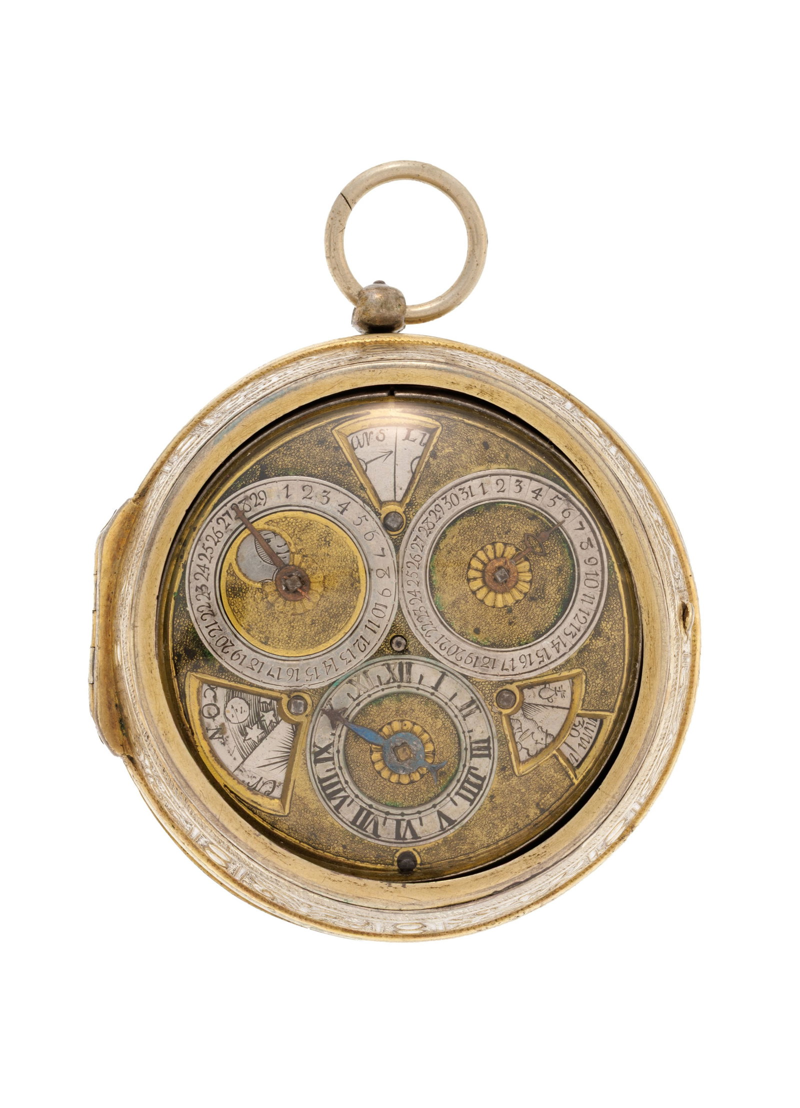 Montre de poche à coq astrologique et astronomique avec boîtier de protection en argent et: Montre de poche à coq astrologique et astronomique avec boîtier de protection en argent et laiton, fin XVIIe, début XVIIIe s. Mouvement: mécanique Boîtier: diam. 51 mm