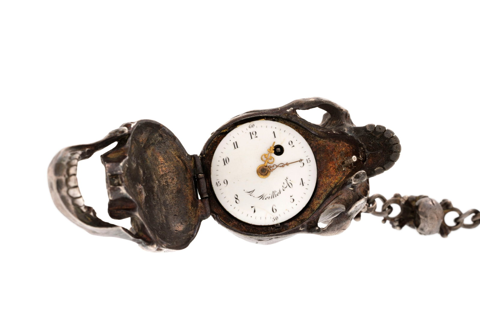 Moilliet & Cie, montre de poche à coq tête de mort en argent avec sa chaîne en argent - 3