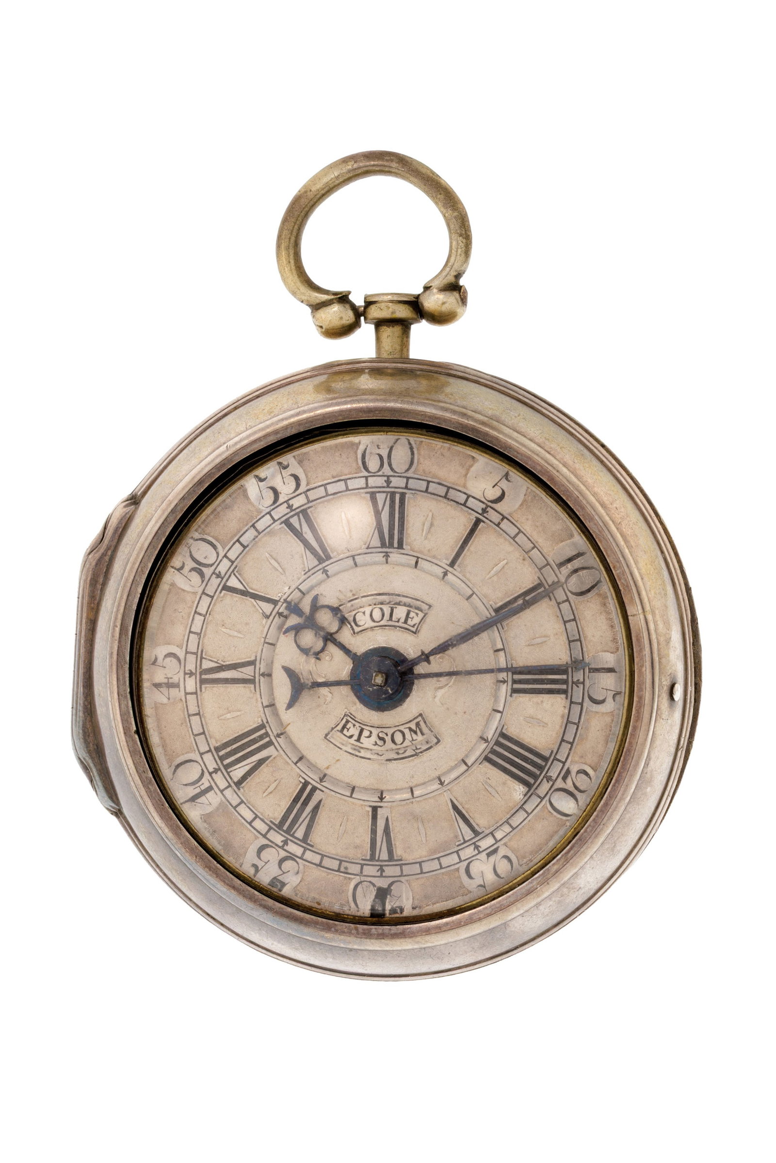 John Cole, Epsom, montre de poche à coq et boîtier de protection en argent avec seconde au: John Cole, Epsom, montre de poche à coq et boîtier de protection en argent avec seconde au centre, XVIIIe s. Mouvement: mécanique Boîtier: diam. 42 mm Boîtier de protection: