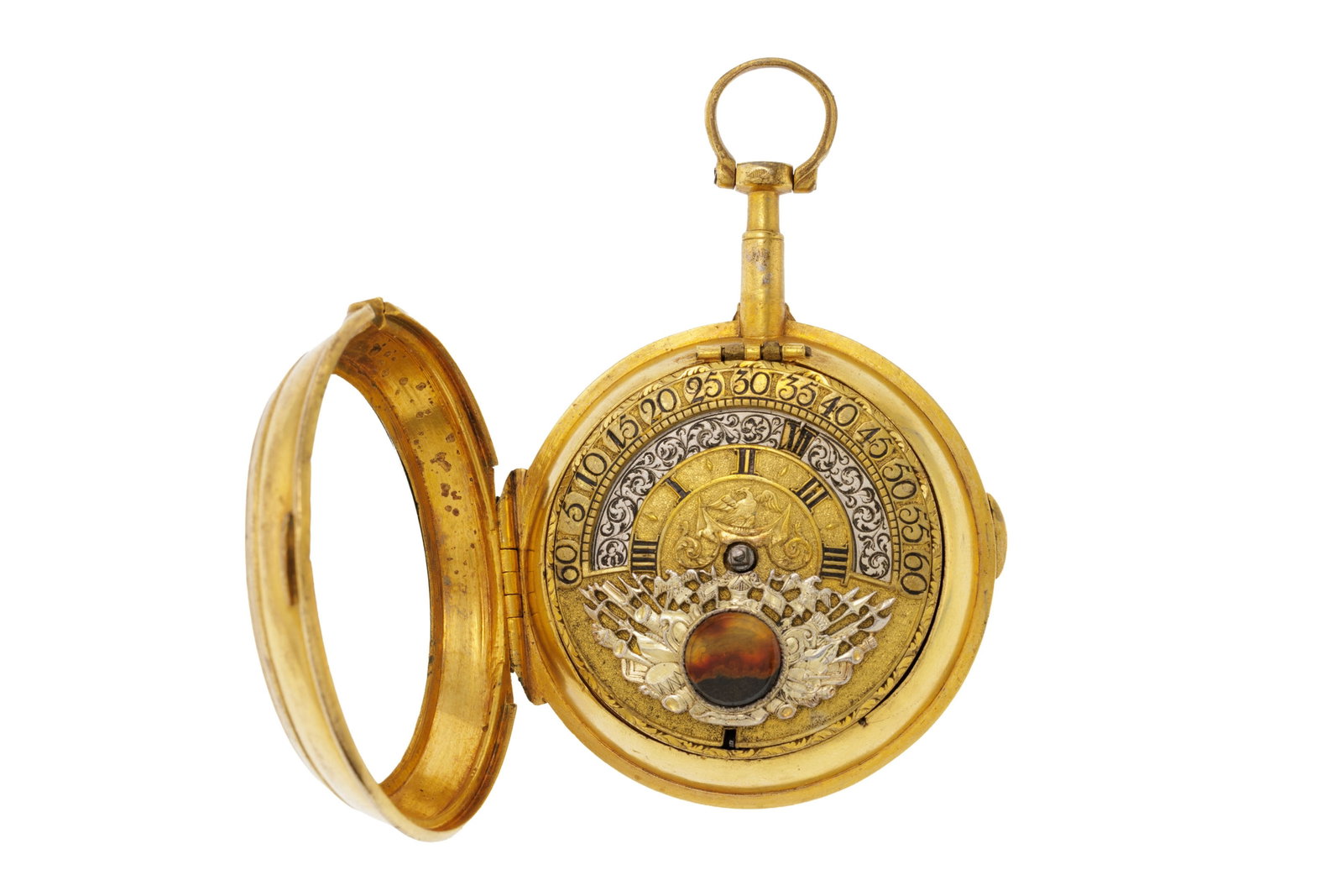 Gottfried Torborch, München, montre de poche à coq en laiton à heure vagabonde orn: Gottfried Torborch, München, montre de poche à coq en laiton à heure vagabonde ornée d'une pastille en écaille de tortue, première partie XVIIIe s. Mouvement: mécani