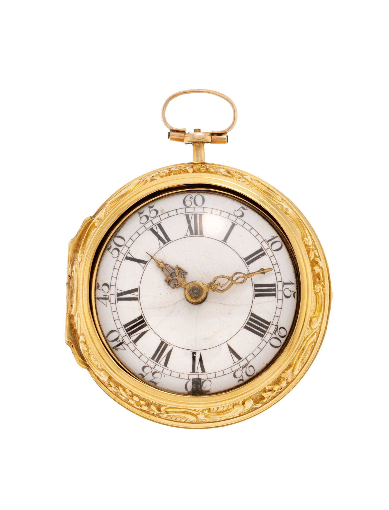 William Rivers London, montre de poche à coq en or 750 avec boîtier de protection en or 75: William Rivers London, montre de poche à coq en or 750 avec boîtier de protection en or 750 repoussé et ajouré représentant une scène à l'antique, XVIIIe s.