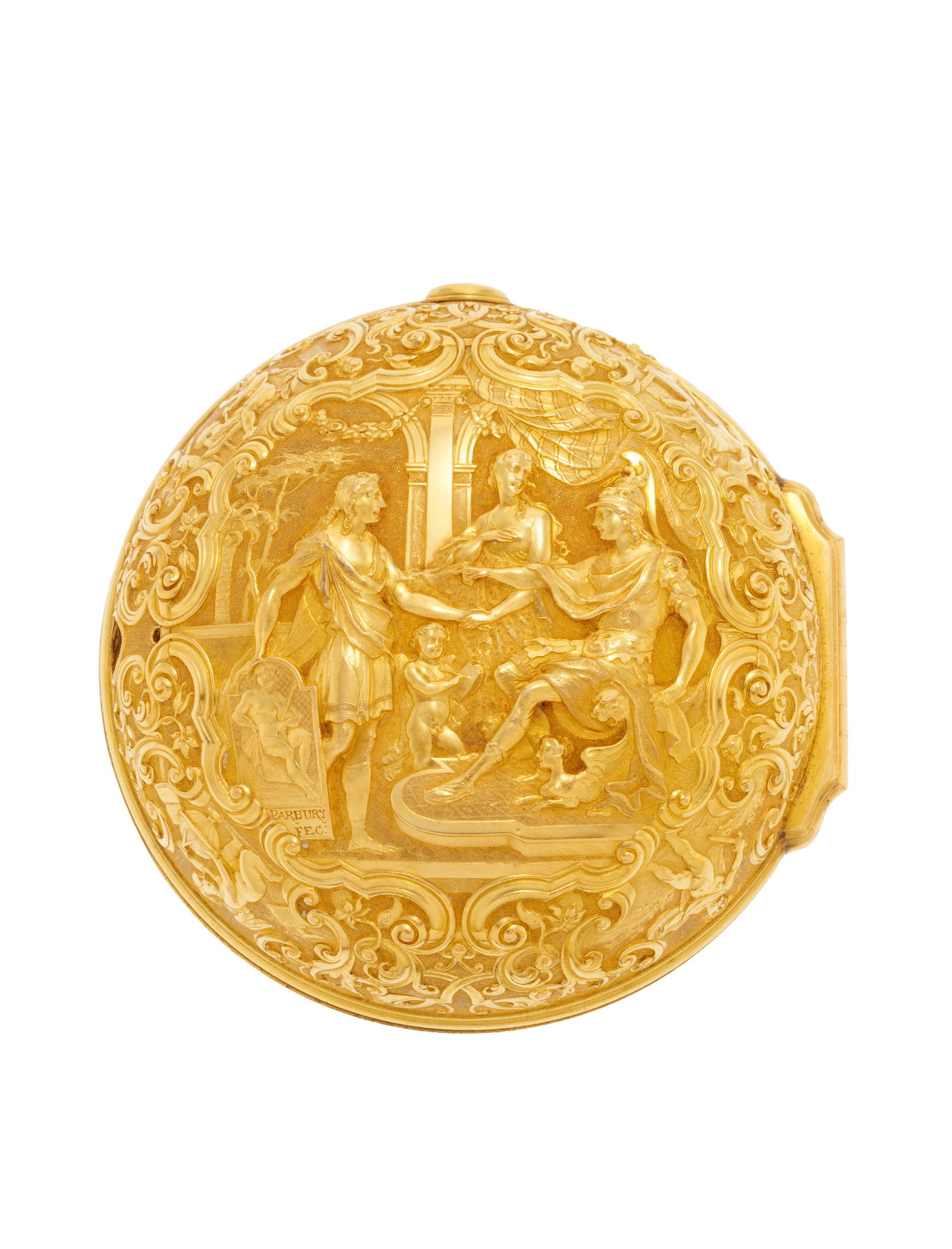 Parbury Fec., boîtier de protection pour montre de poche en or 750 repoussé décor: Parbury Fec., boîtier de protection pour montre de poche en or 750 repoussé décoré d'une scène à l'antique, diam. 56 mm, 49g Condition Bon état de condition gén
