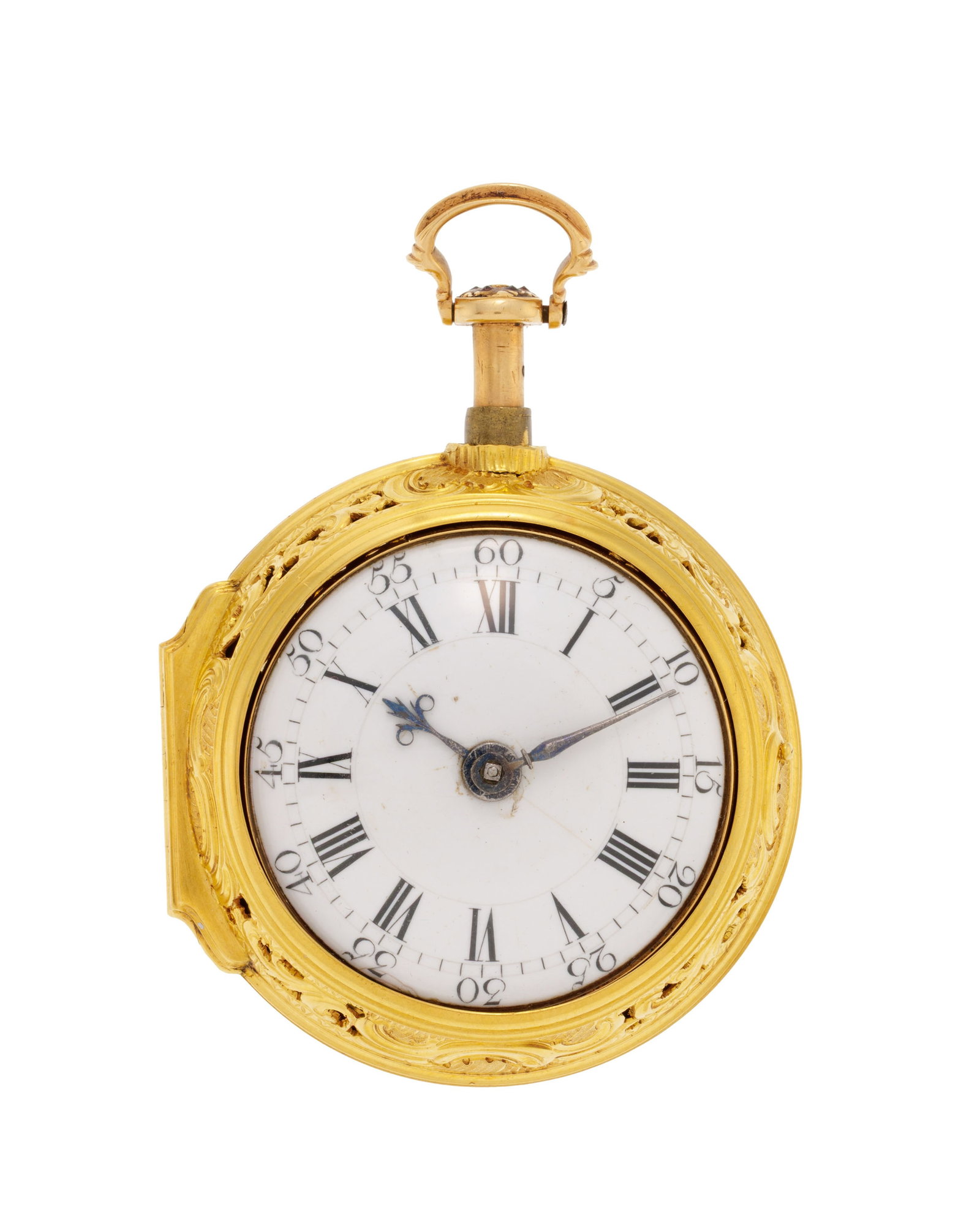 Montre de poche à coq et boîtier de protection en or 750 à répétition, le b: Montre de poche à coq et boîtier de protection en or 750 à répétition, le boîtier de protection sculpté d'une scène à l'antique, XVIIIe s. Mouvement: m