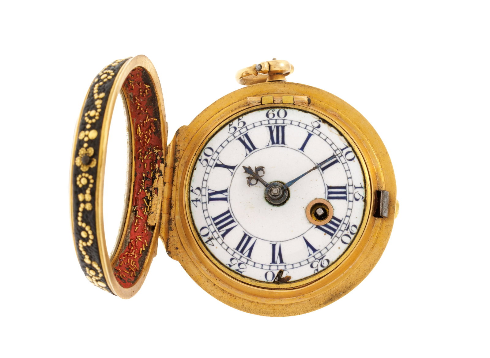 Montre de poche à coq en or 750 et cuir décoré d’une scène à l'antiqu - 4