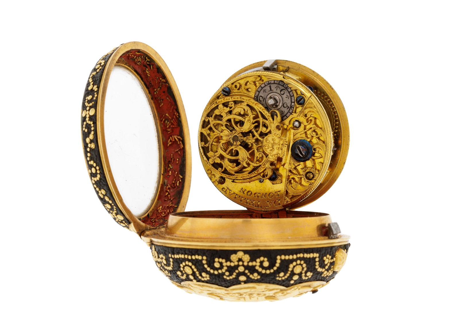 Montre de poche à coq en or 750 et cuir décoré d’une scène à l'antiqu - 5