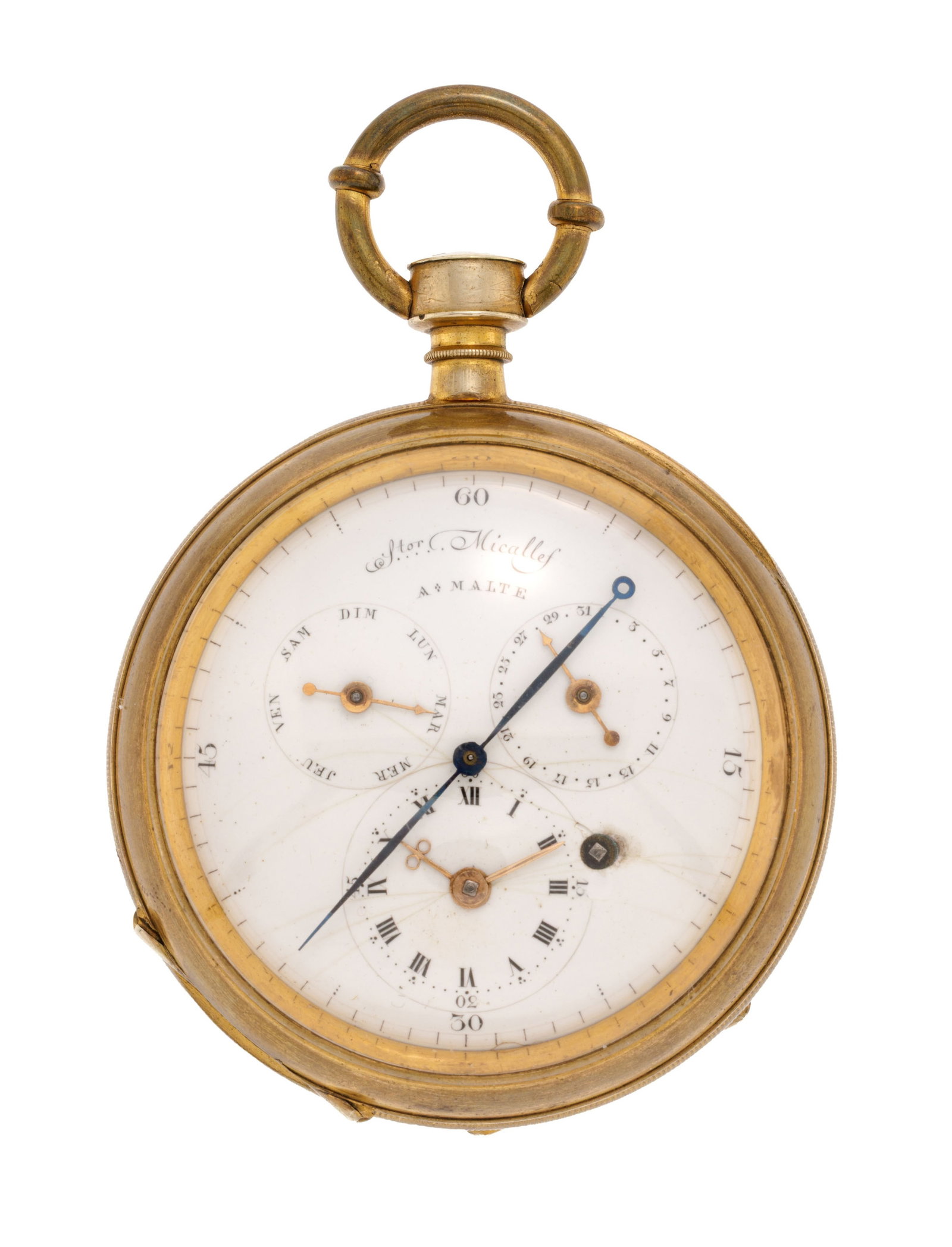 Salvator Micallef à Malte, montre de poche en laiton avec seconde morte au centre et fond en ve (1 of 4)