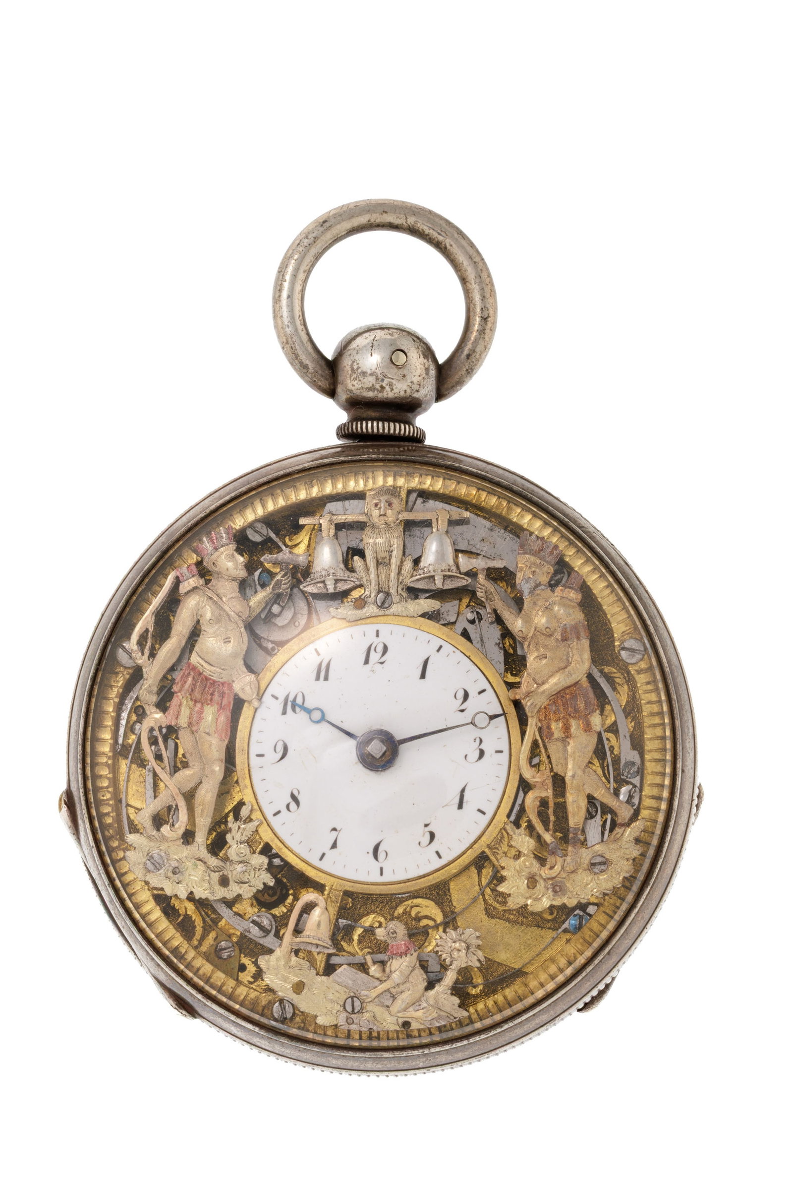 Montre de poche à coq partiellement squelette en argent et laiton à répétition o: Montre de poche à coq partiellement squelette en argent et laiton à répétition ornée d'un automate "Jacquemart", XIXe s. Mouvement: mécanique, n°8999 Boîtier:
