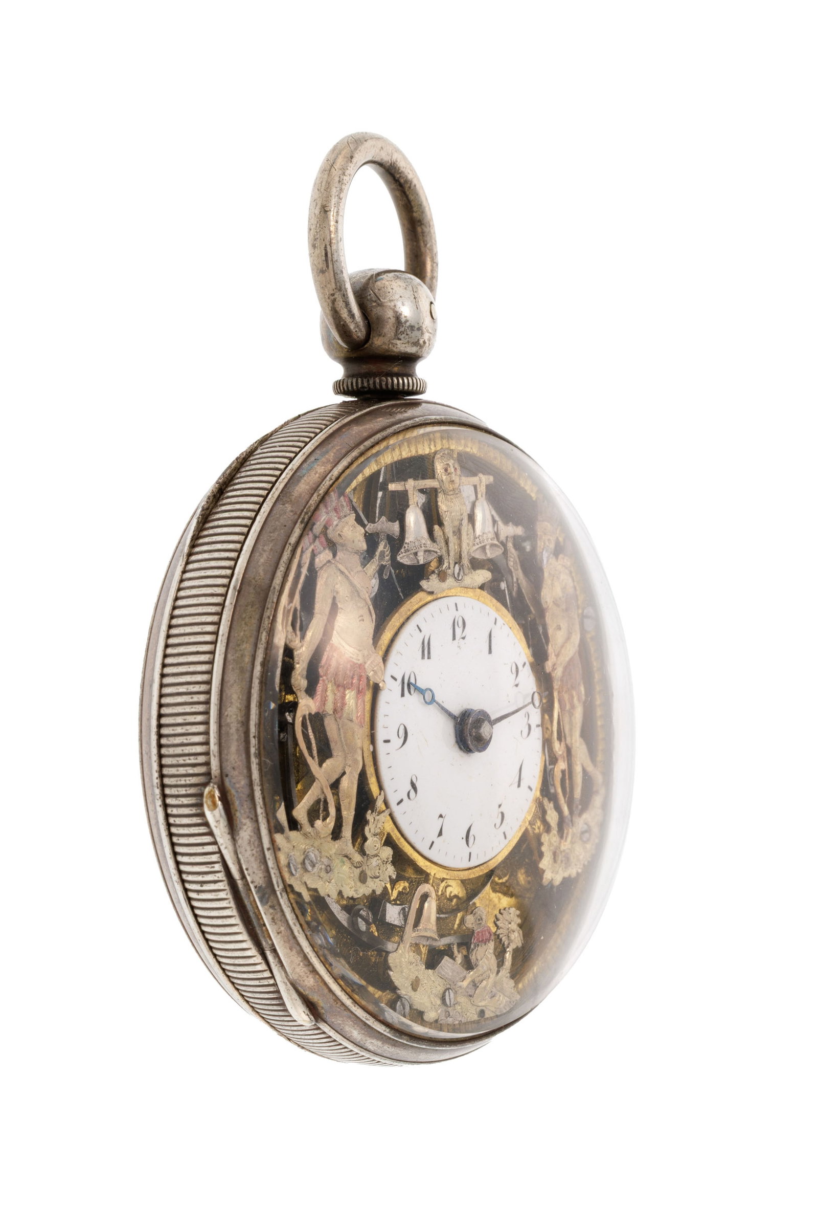 Montre de poche à coq partiellement squelette en argent et laiton à répétition o - 2