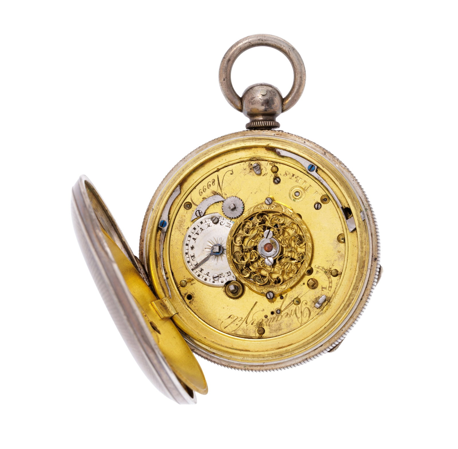 Montre de poche à coq partiellement squelette en argent et laiton à répétition o - 4