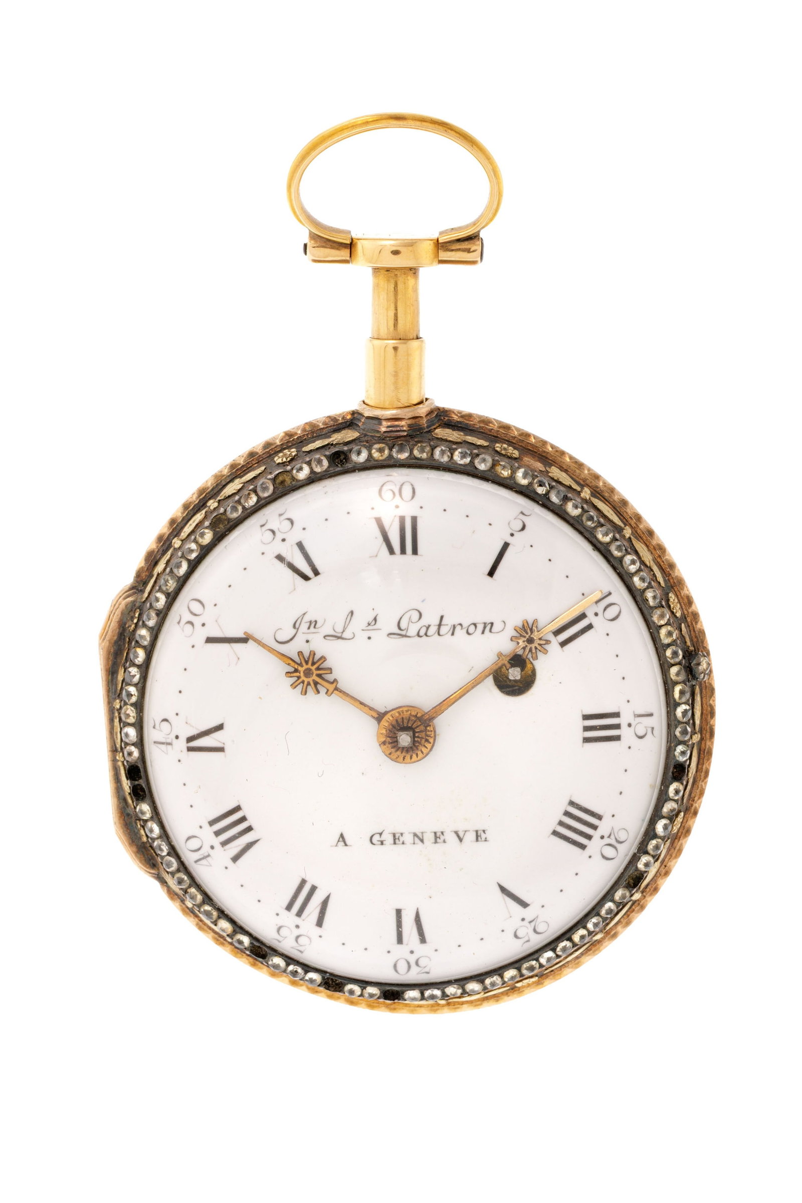 Jean-Louis Patron à Genève, montre de poche à coq en or, argent et émail à : Jean-Louis Patron à Genève, montre de poche à coq en or, argent et émail à répétition sertie de pâtes de verre, fin XVIIIe s. Mouvement: mécanique,