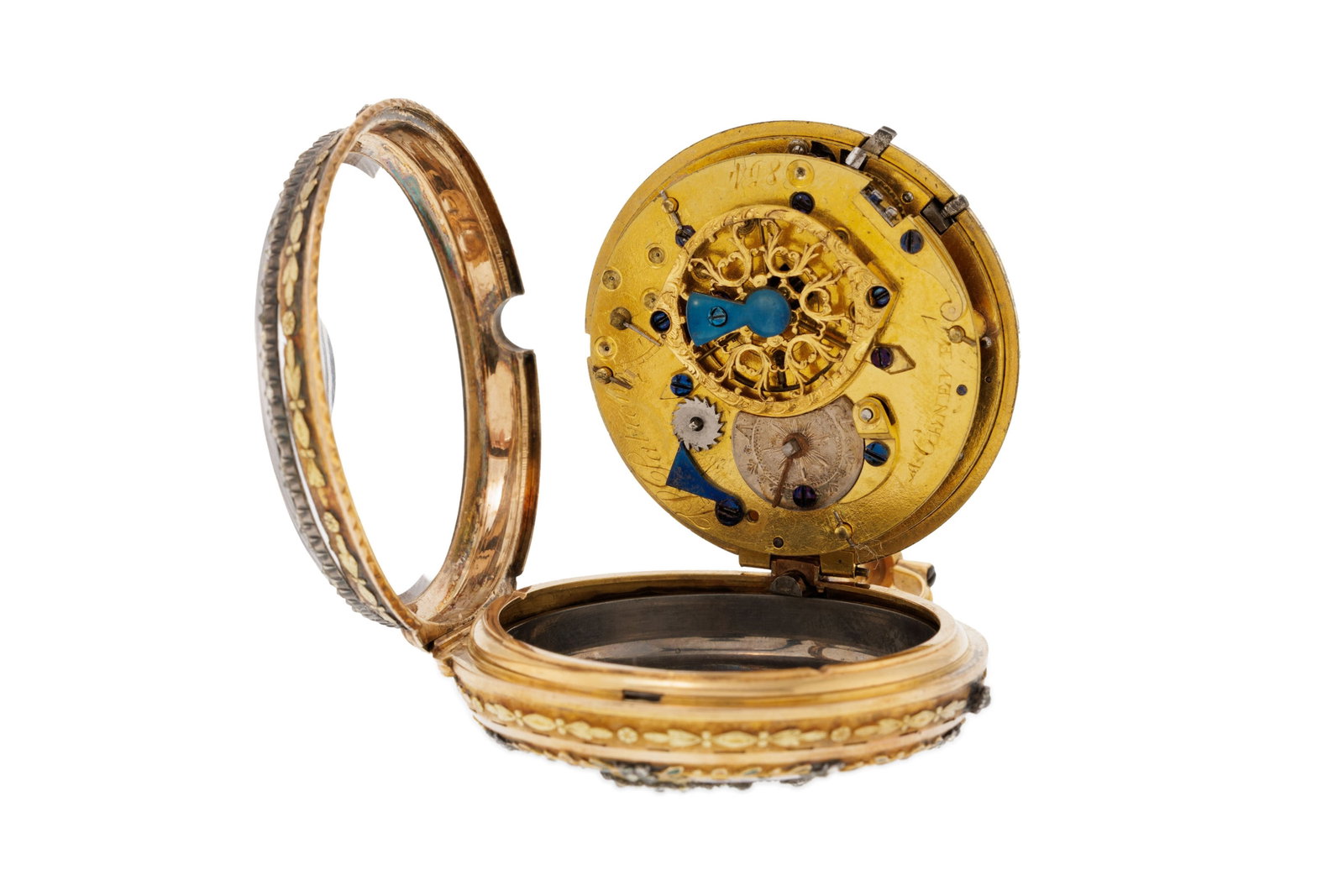 Jean-Louis Patron à Genève, montre de poche à coq en or, argent et émail à  - 4