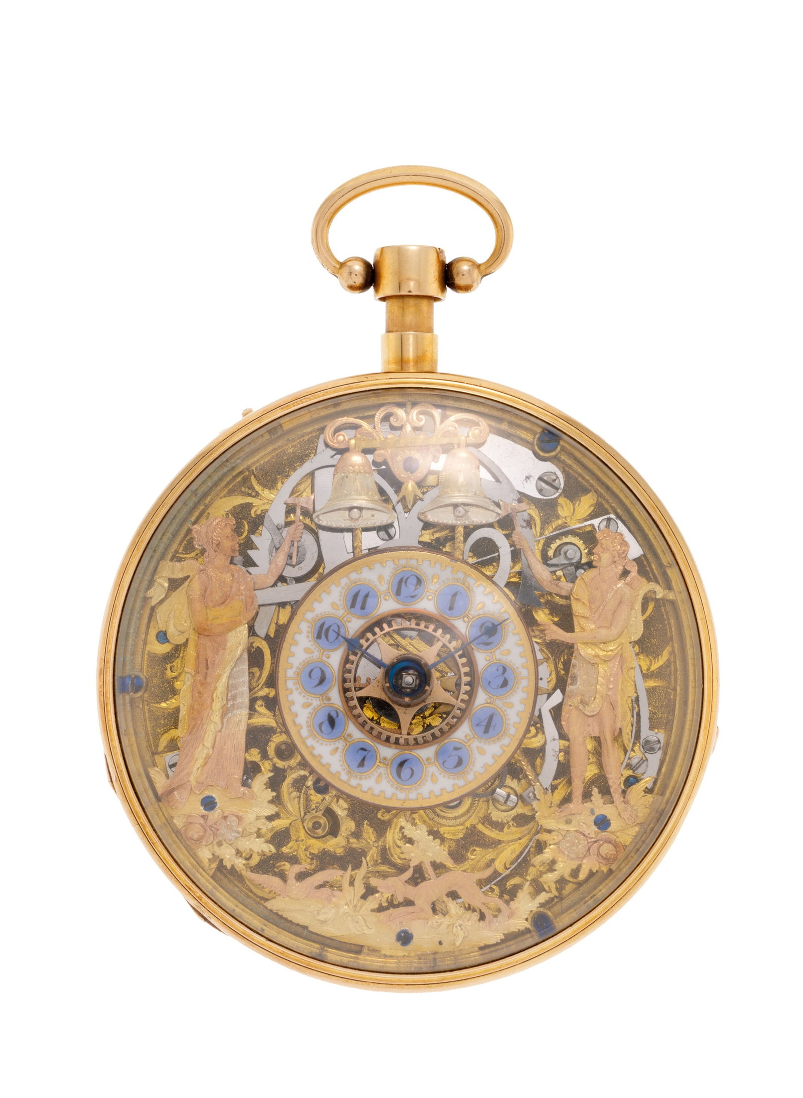 Montre de poche à coq squelette en or 750 et laiton à répétition ornée d'un: Montre de poche à coq squelette en or 750 et laiton à répétition ornée d'un automate "Jacquemart", XIXe s. Mouvement: mécanique Boîtier: n°1408/485, diam. 46 mm