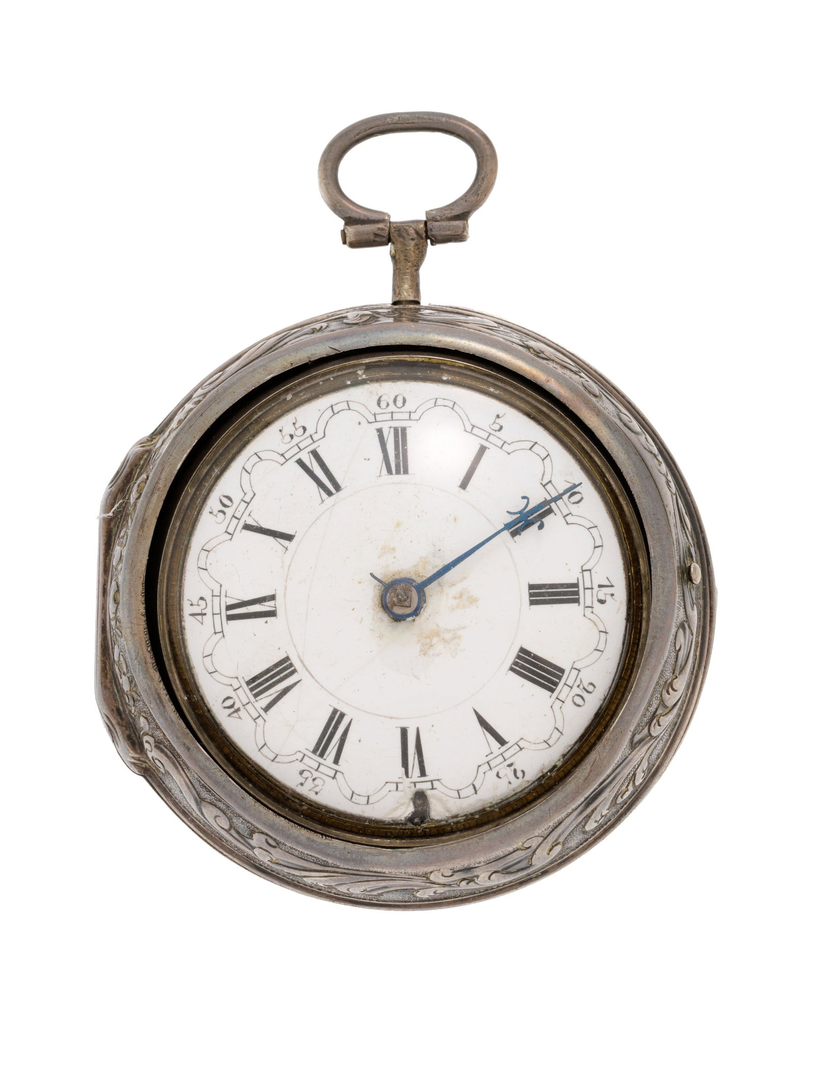 Graham London, montre de poche à coq et boîtier de protection en argent, boîtier de p: Graham London, montre de poche à coq et boîtier de protection en argent, boîtier de protection émaillé d’une scène galante, première partie XVIIIe s.