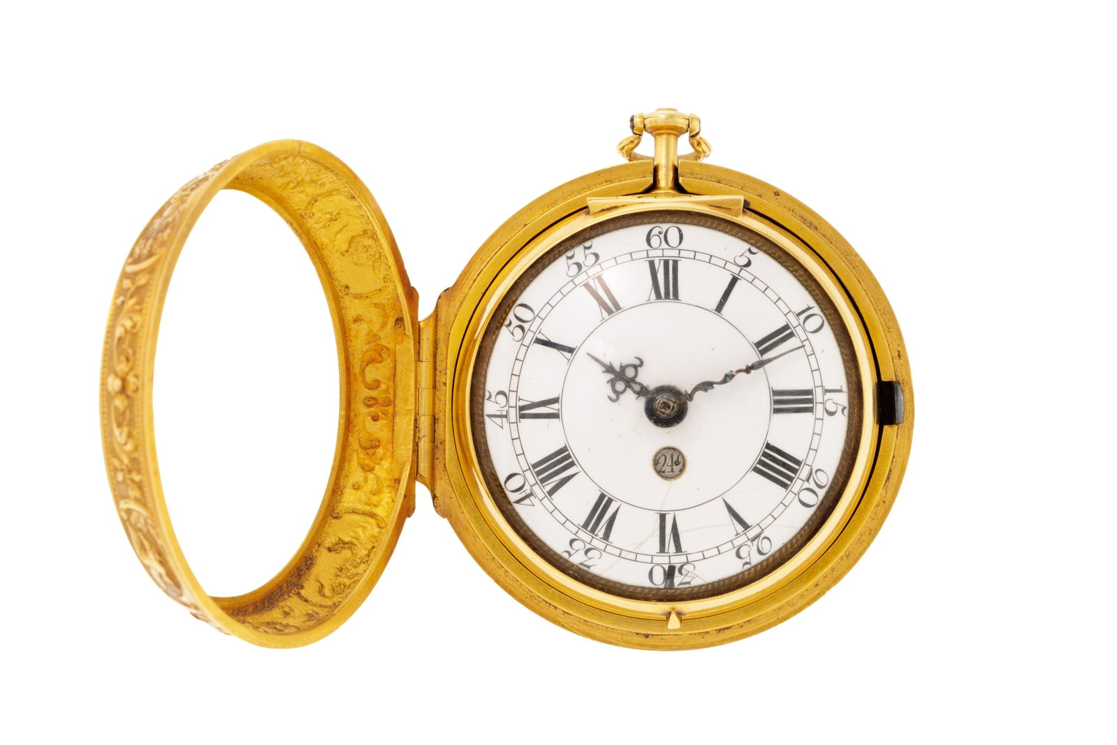 Andries Vermeulen Amsterdam, montre de poche à coq en or avec indication de la date avec son bo: Andries Vermeulen Amsterdam, montre de poche à coq en or avec indication de la date avec son boîtier de protection en laiton repoussé orné d'une scène à l'antique, dé