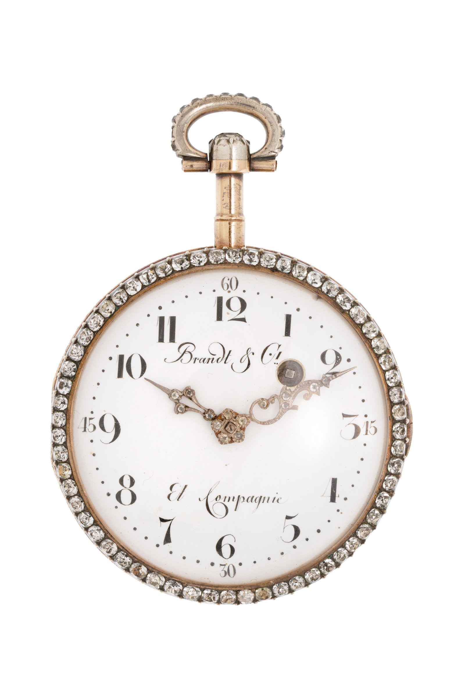 Brandt & Fils et Compagnie, montre de poche à coq en or et argent sertie de pâte de verre : Brandt & Fils et Compagnie, montre de poche à coq en or et argent sertie de pâte de verre rouge et incolore à décor d’un soleil rayonnant, fin XVIIIe s. Mouvement: mécan