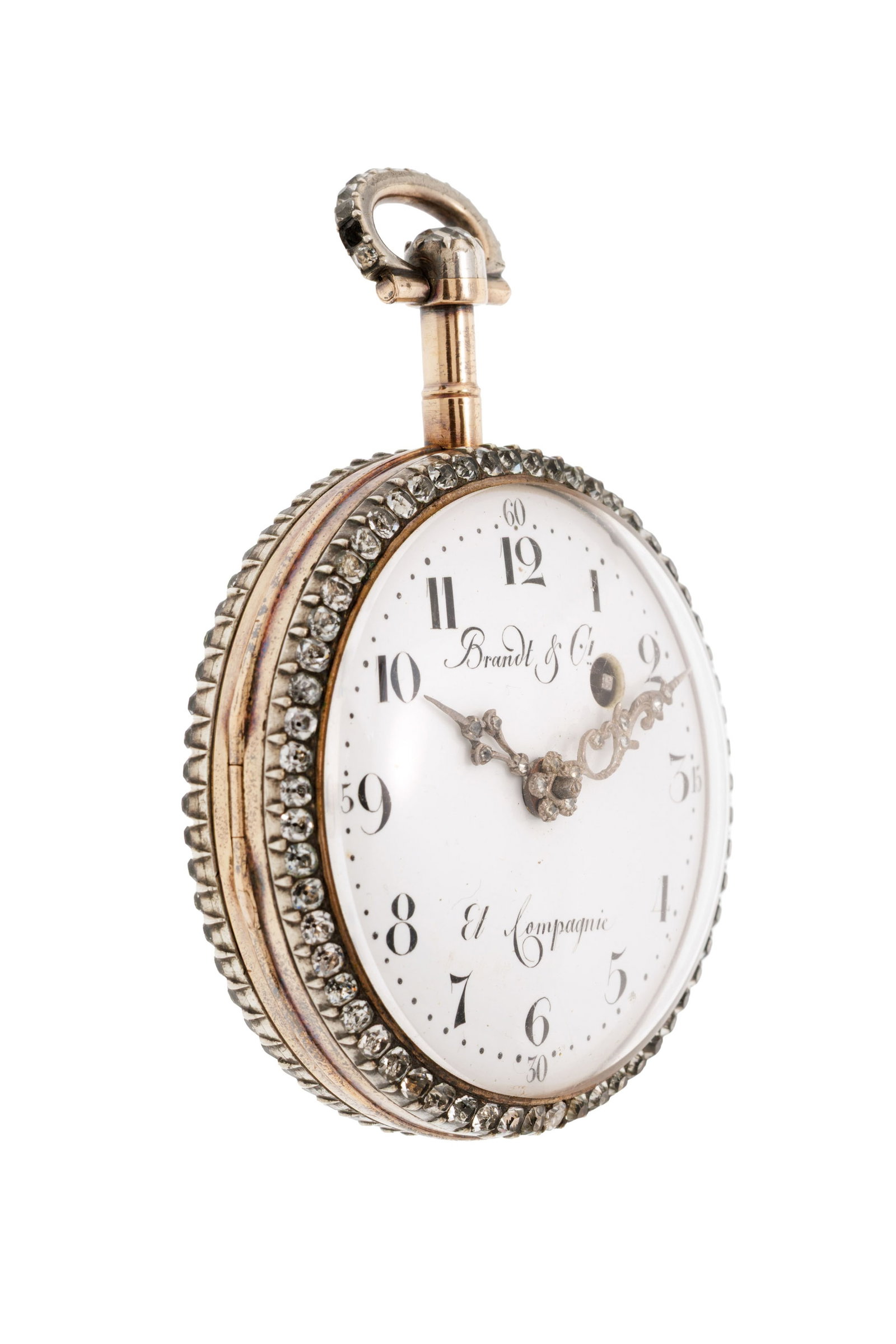 Brandt & Fils et Compagnie, montre de poche à coq en or et argent sertie de pâte de verre  - 2