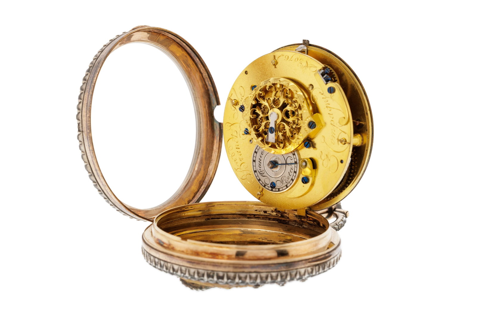 Brandt & Fils et Compagnie, montre de poche à coq en or et argent sertie de pâte de verre  - 4
