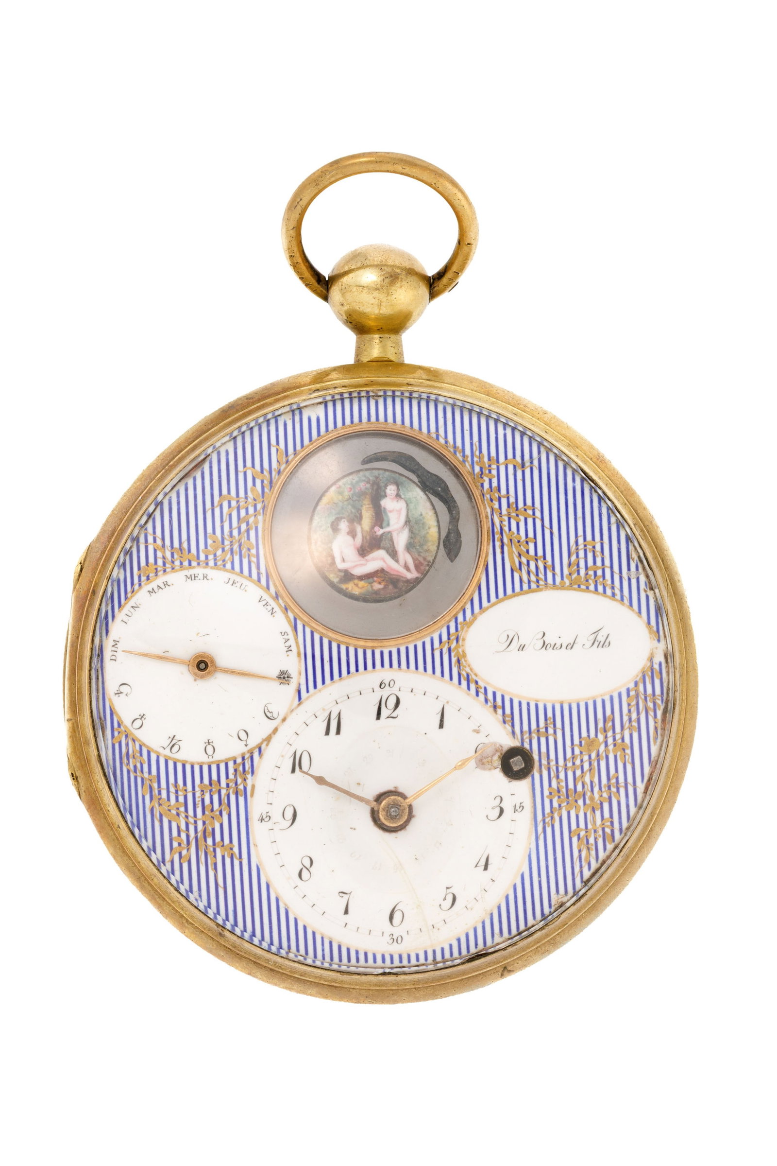 Dubois & Fils, montre de poche à coq en laiton avec compteur subsidiaire représenté p: Dubois & Fils, montre de poche à coq en laiton avec compteur subsidiaire représenté par un serpent tournant autour d'Adam et Eve émaillés Mouvement: mécanique