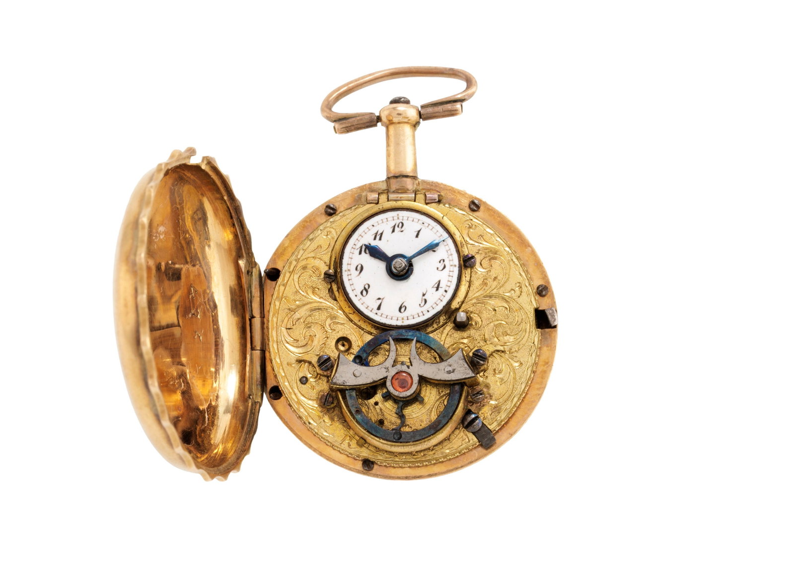 Dupont à Genève, montre de poche en or rose 585 avec balancier à l'avant, début : Dupont à Genève, montre de poche en or rose 585 avec balancier à l'avant, début XIXe s. Mouvement: mécanique Boîtier: n°476, diam. 30 mm Signature: mouvement Poids: 