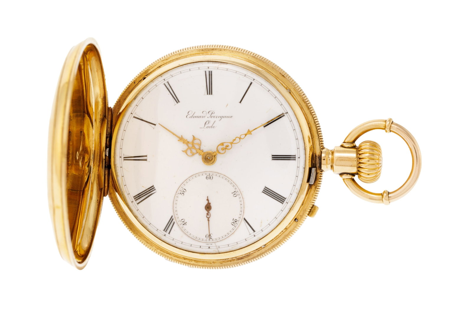 Edouard Perregaux Locle, montre de poche petite seconde savonnette en or 750, XIXe s. Mouvement: m: Edouard Perregaux Locle, montre de poche petite seconde savonnette en or 750, XIXe s. Mouvement: mécanique Boîtier: n°56591/7228, diam. 51 mm Complication: compteur subsidiaire pour
