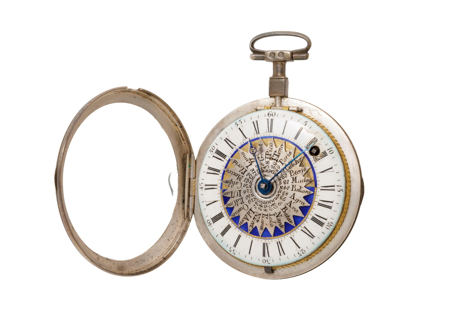 Franz Antoine Wolf à Vienne, montre de poche en argent avec indication de l'heure universelle, : Franz Antoine Wolf à Vienne, montre de poche en argent avec indication de l'heure universelle, fin XVIIIe, début XIXe s. Mouvement: mécanique Boîtier: diam. 55 mm Complication: