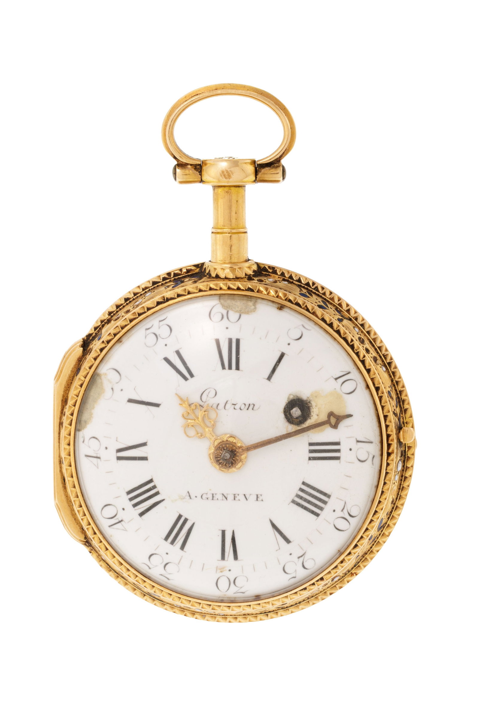 Latron à Genève, montre de poche en or 750 et émail à double face, d'un côt: Latron à Genève, montre de poche en or 750 et émail à double face, d'un côté l'heure et de l'autre le jour et la date, fin XIXe s. Mouvement: mécanique, n°5432